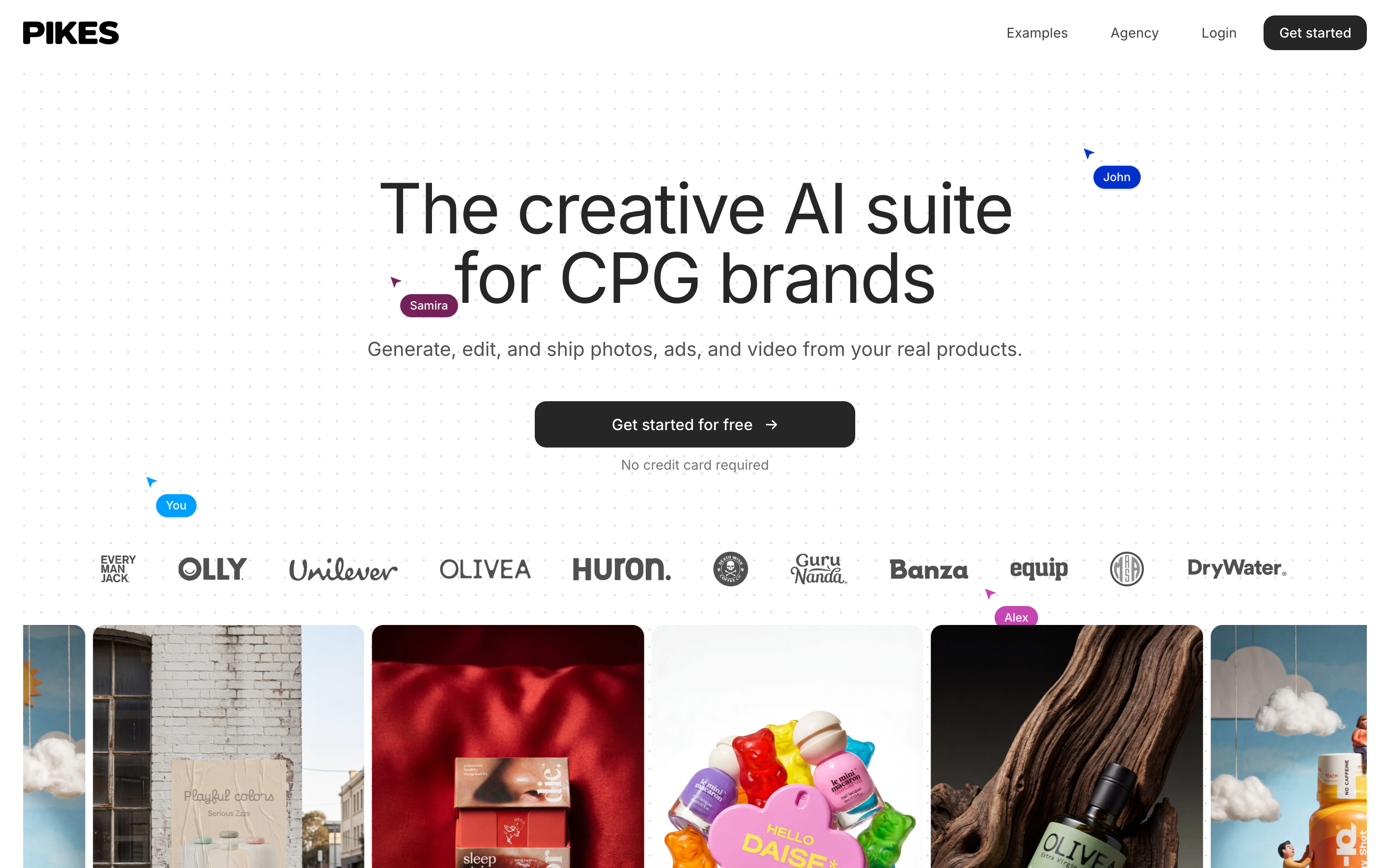 The Pikes AI homepage showing generated product imagery for consumer brands