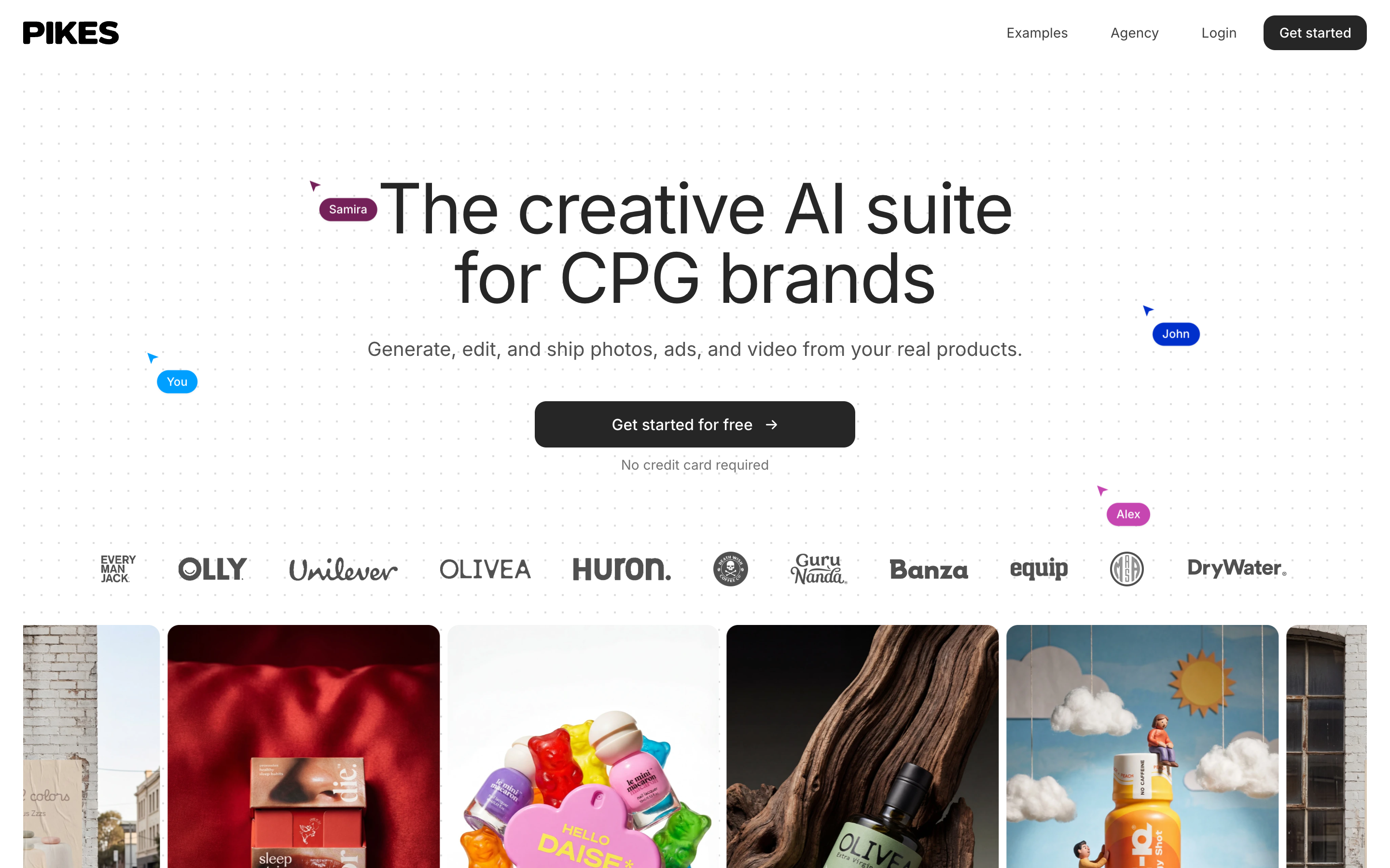 The Pikes homepage, showing the headline "The creative AI suite for CPG brands" above customer logos