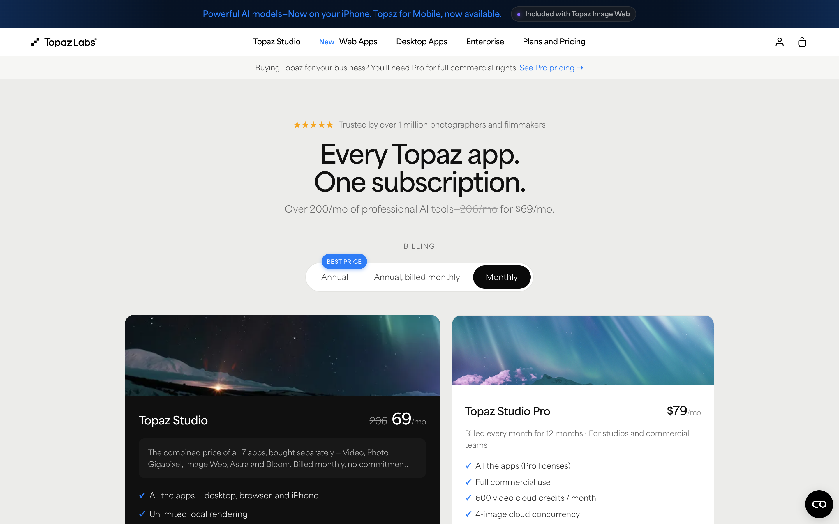 Topaz Labs pricing page showing a three-position billing selector labelled Annual, Annual billed monthly, and Monthly