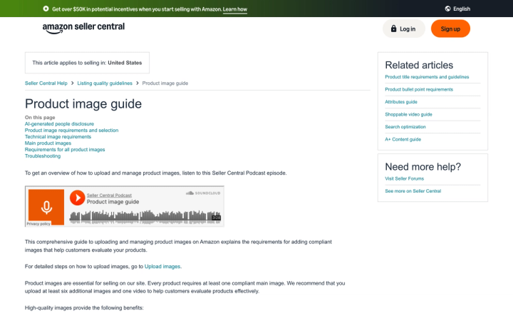 Amazon Seller Central Product image guide stating that every product requires one compliant main image plus at least six additional images and one video