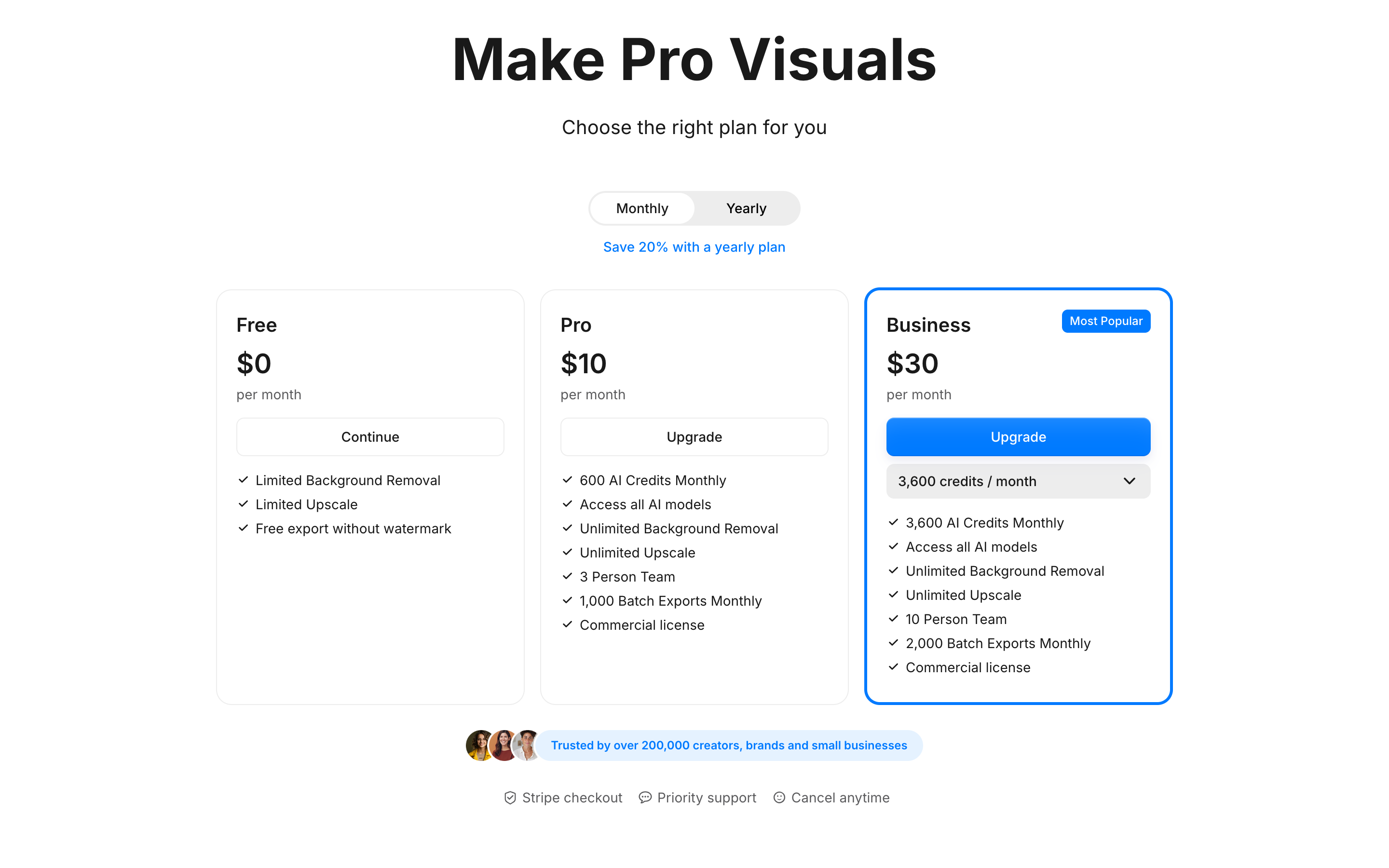 The Pixelcut pricing page showing Free, Pro and Business plans with the Monthly billing toggle selected