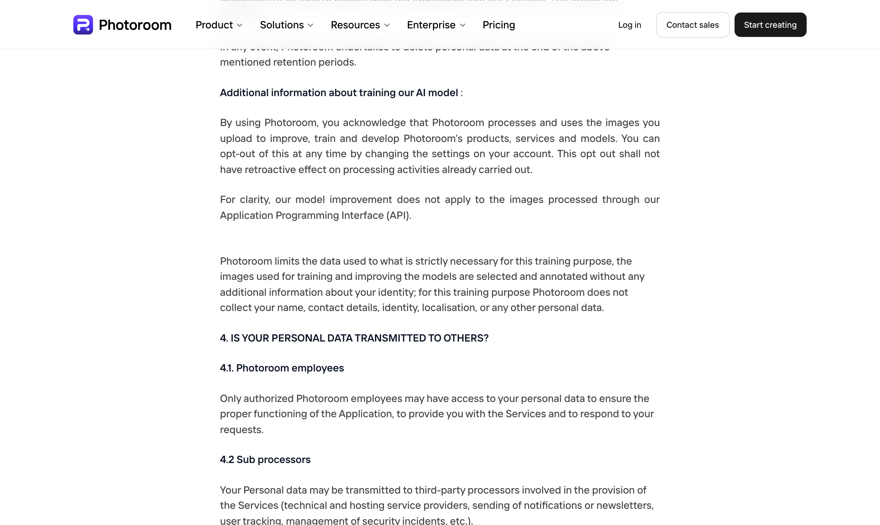 Photoroom's privacy policy explaining that it trains on uploaded images, that users can opt out in account settings, and that the opt-out is not retroactive.