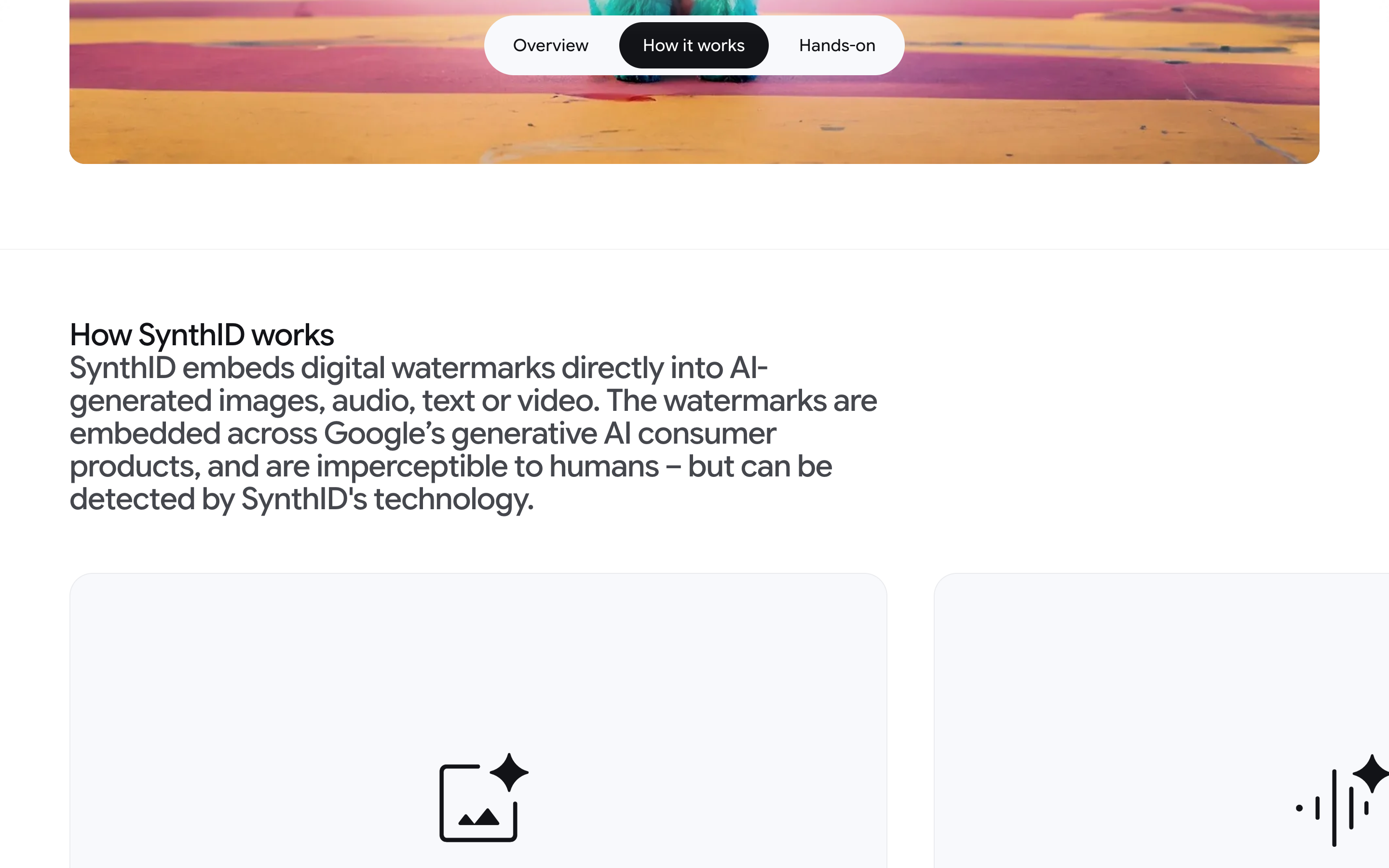 Google DeepMind's SynthID page explaining that watermarks are embedded into AI-generated images and are imperceptible to humans