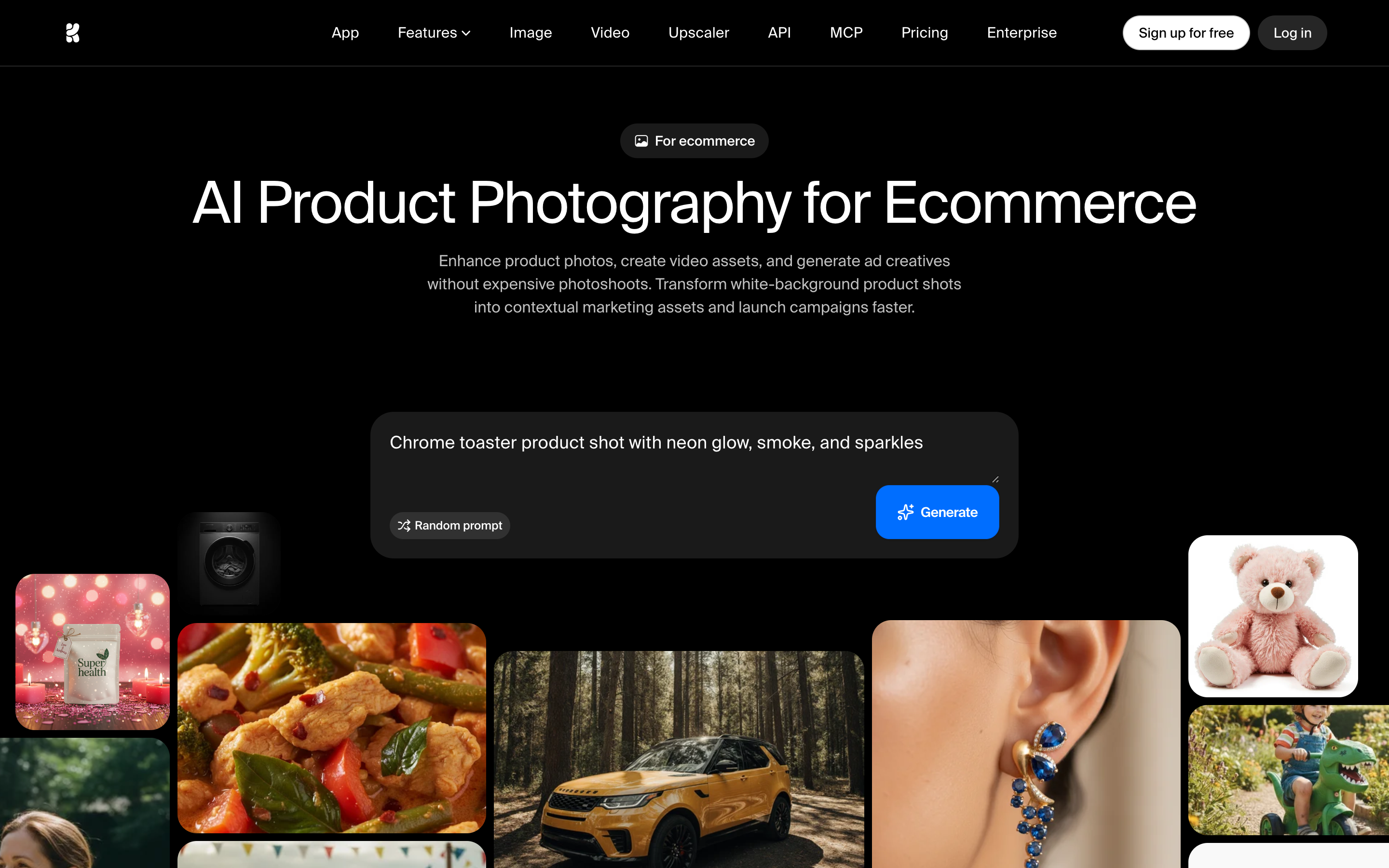 Krea's e-commerce landing page, headlined "AI Product Photography for Ecommerce", with a prompt box and a grid of generated product images