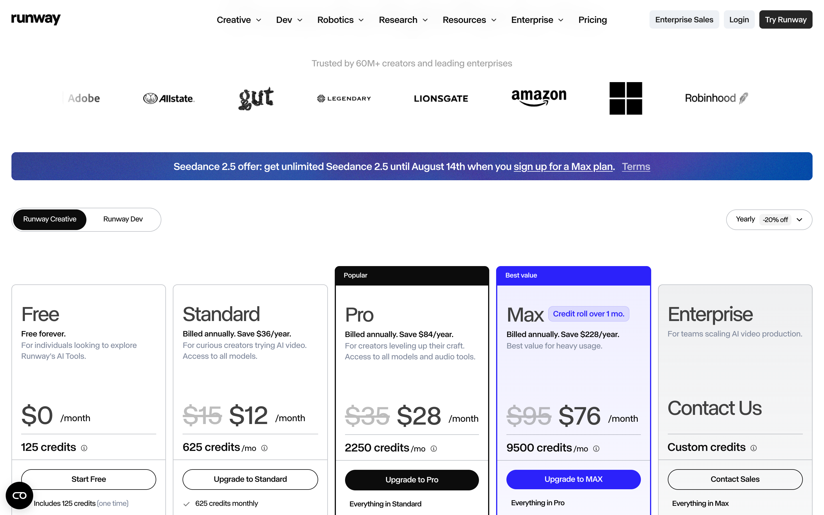 Runway pricing page showing Free, Standard, Pro, Max and Enterprise plans with annual billing preselected