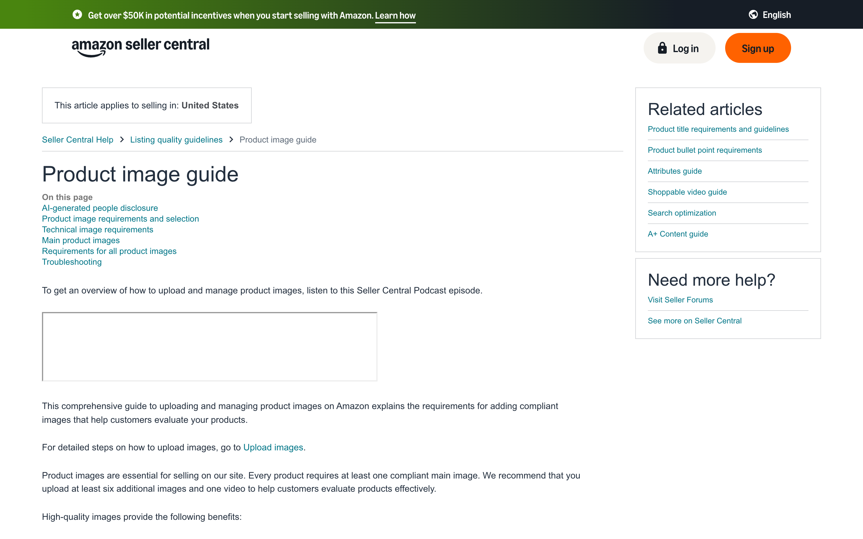 Amazon Seller Central's Product image guide documentation page listing image requirement sections