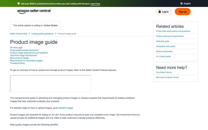Amazon Seller Central's Product image guide documentation page listing image requirement sections