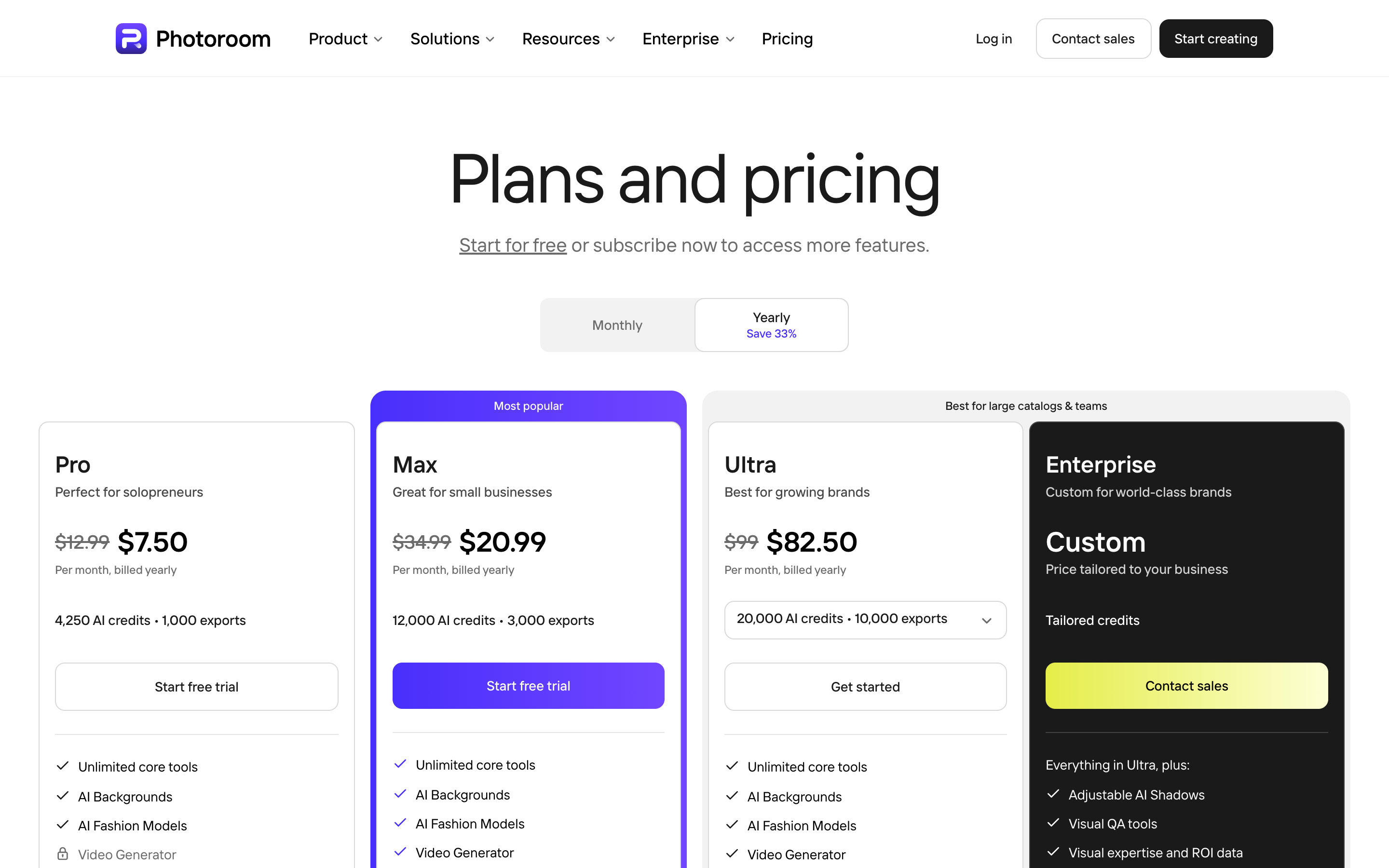 Photoroom's pricing page showing Pro, Max, Ultra and Enterprise plans with the Yearly toggle selected