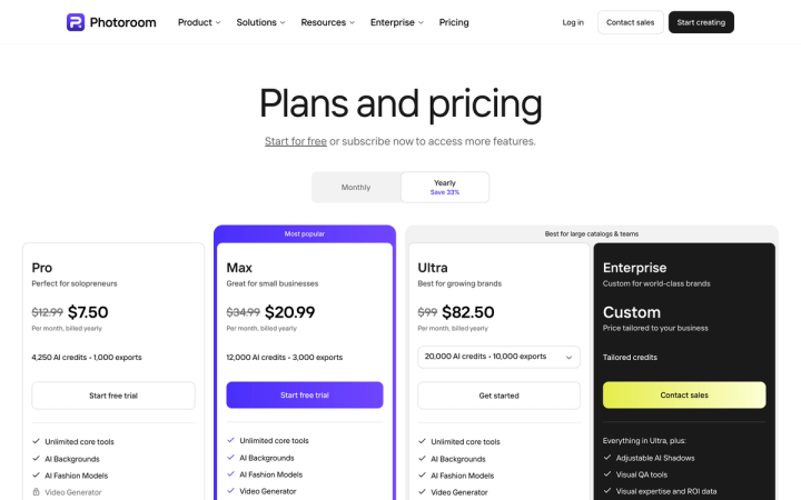 Photoroom's pricing page showing Pro, Max, Ultra and Enterprise plans with the Yearly toggle selected