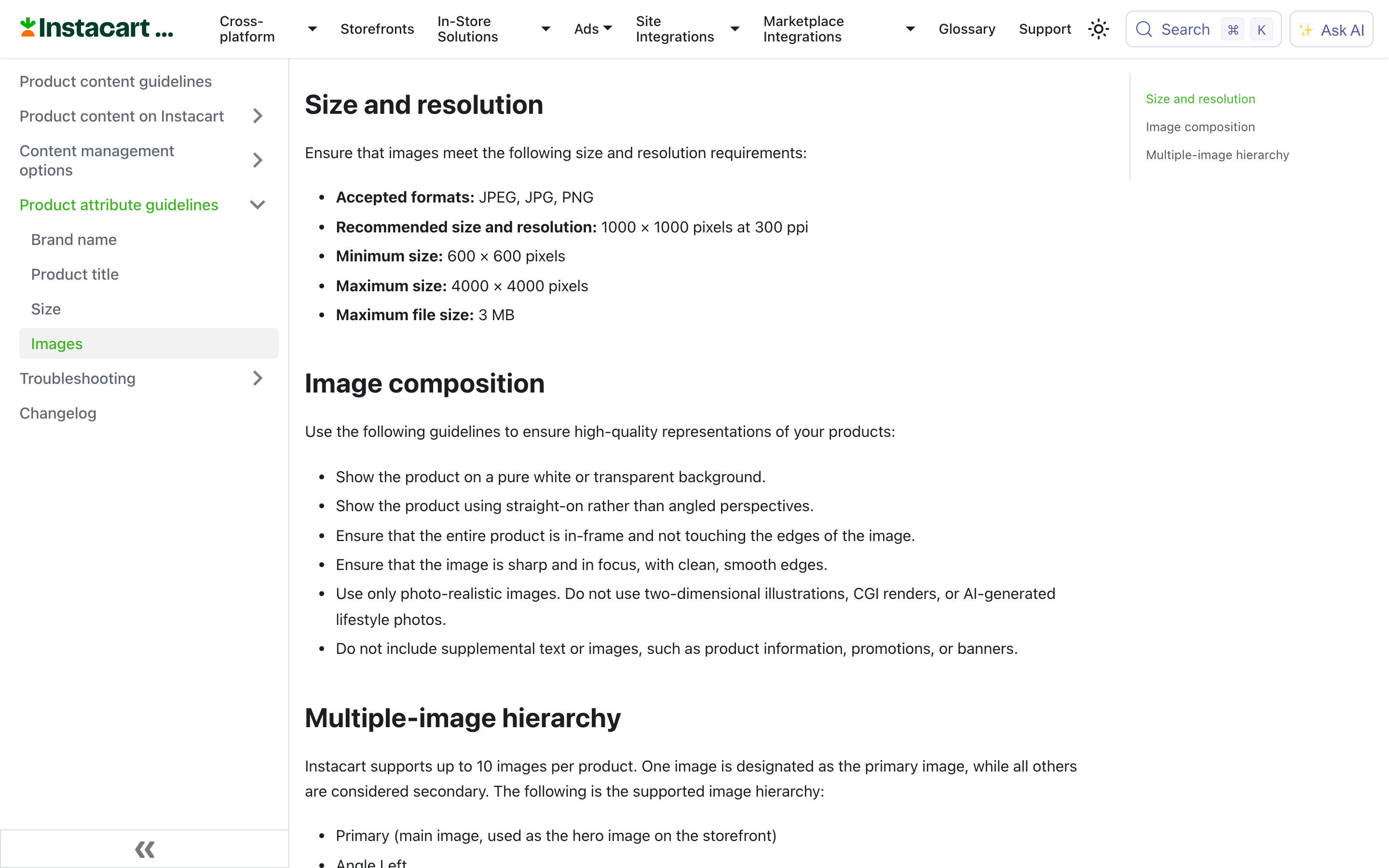 Instacart's product image documentation listing accepted formats, a 600 by 600 minimum, a 4000 by 4000 maximum and a 3 MB file size cap