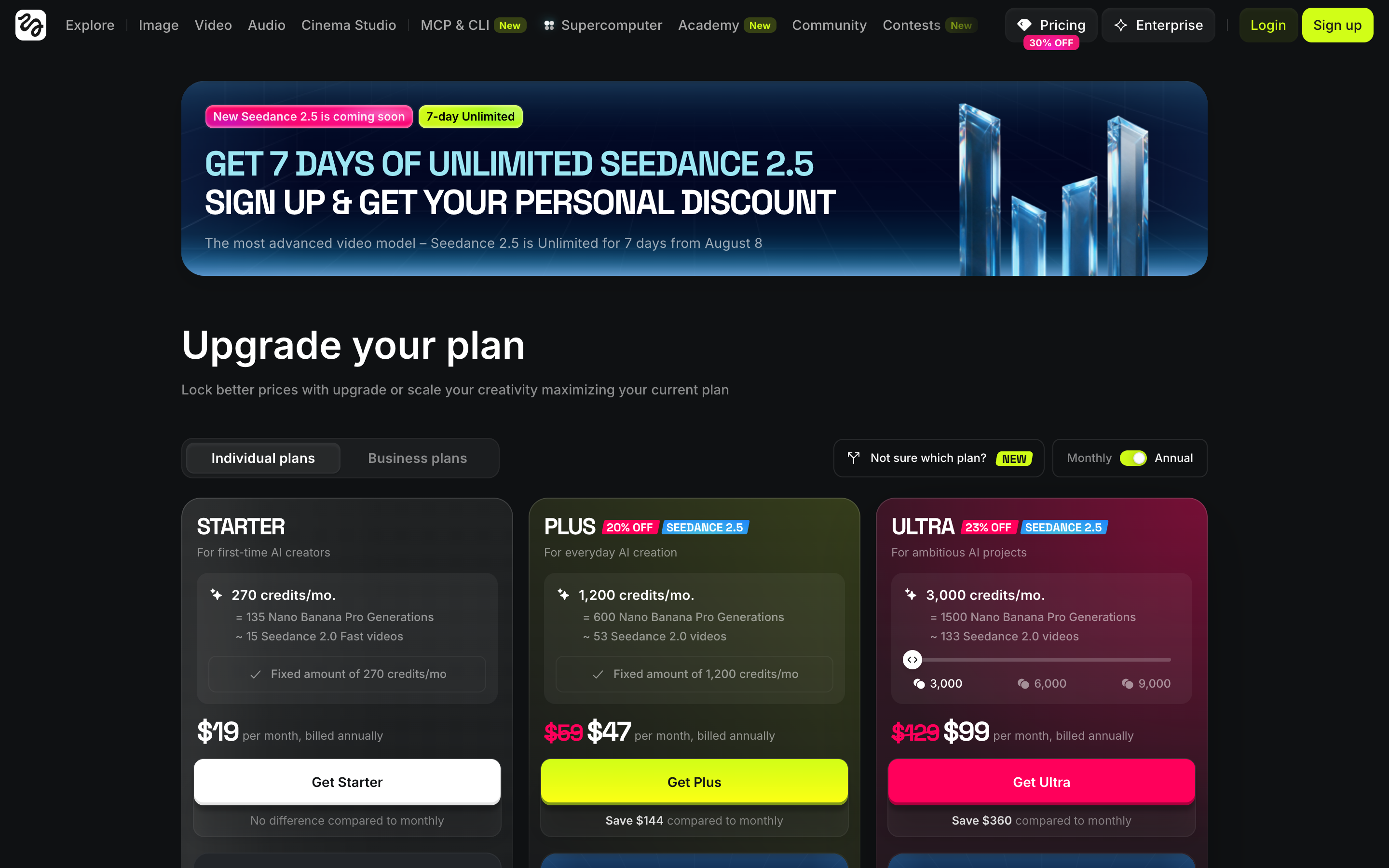 Higgsfield's pricing page showing Starter, Plus and Ultra plans with per-month prices and monthly credit allowances