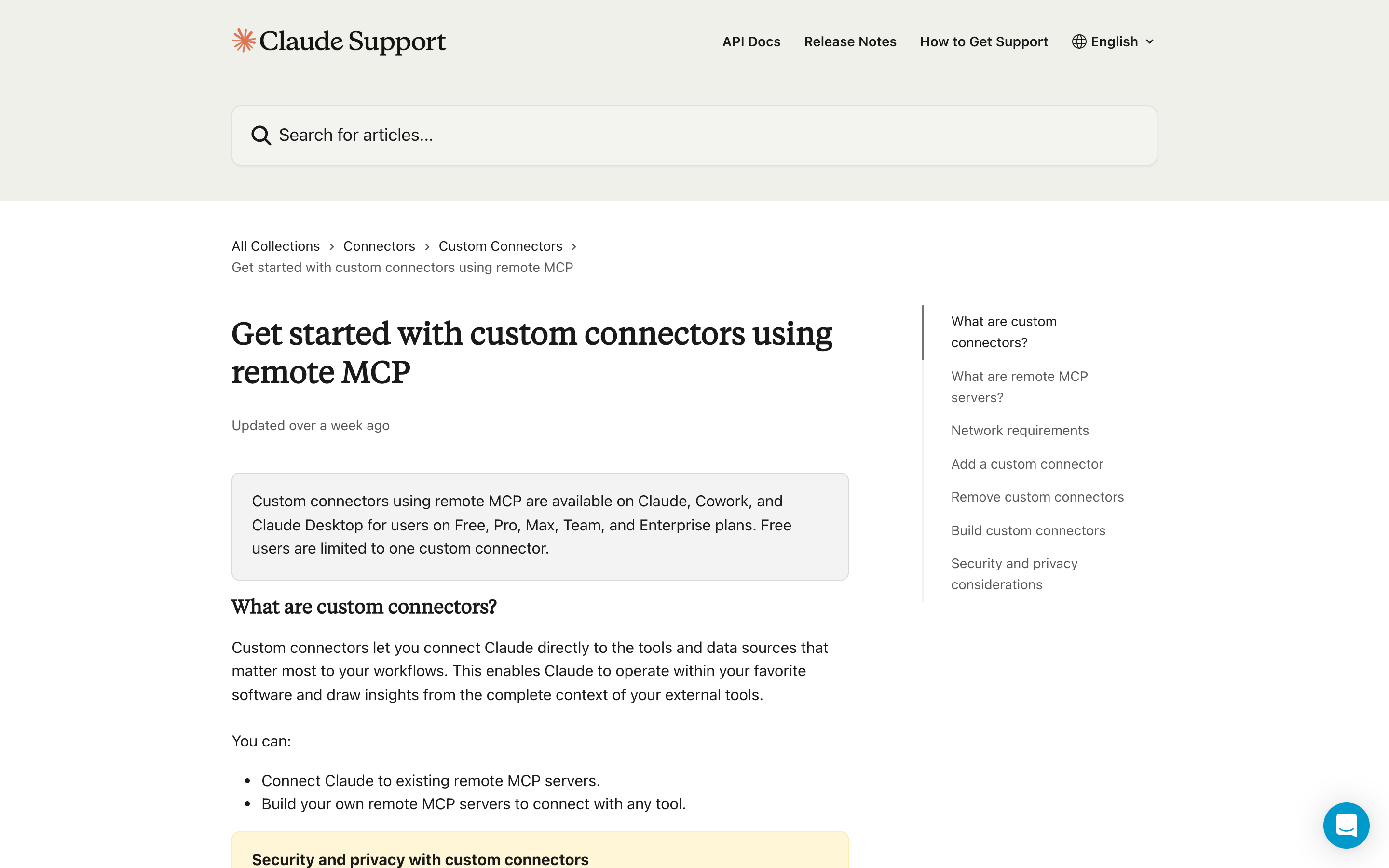 Anthropic's help centre page explaining custom connectors using remote MCP in Claude