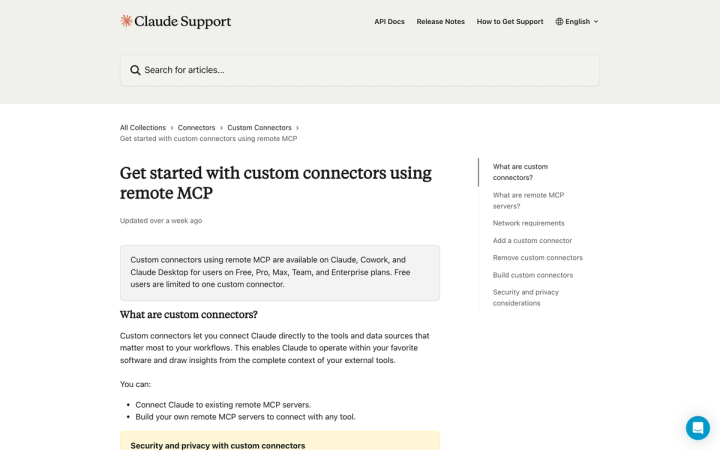 Anthropic's help centre page explaining custom connectors using remote MCP in Claude
