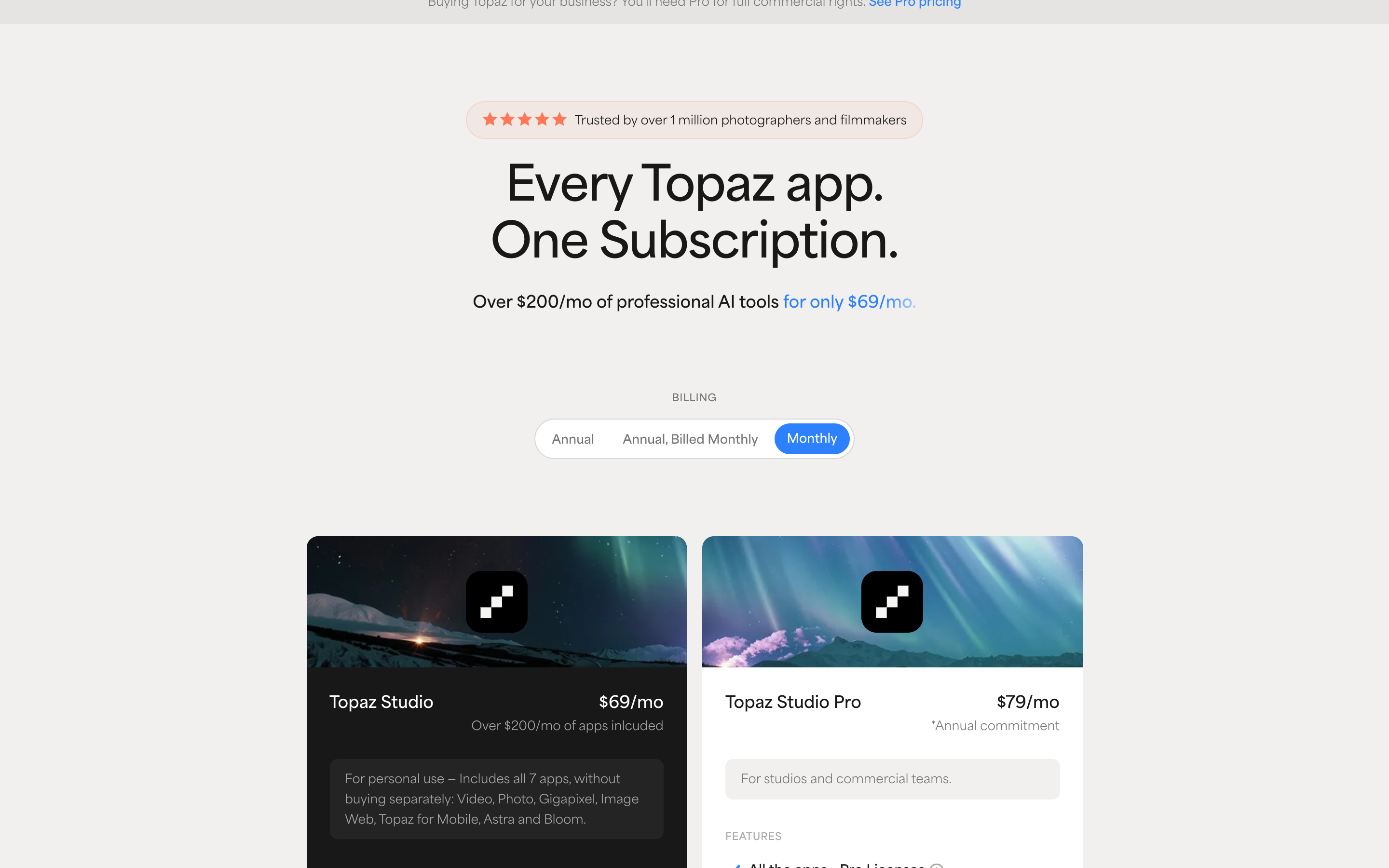 Topaz Labs pricing page with the Monthly billing option selected, showing Topaz Studio at $69 per month billed monthly labelled for personal use and Topaz Studio Pro at $79 per month on an annual commitment for studios and commercial teams