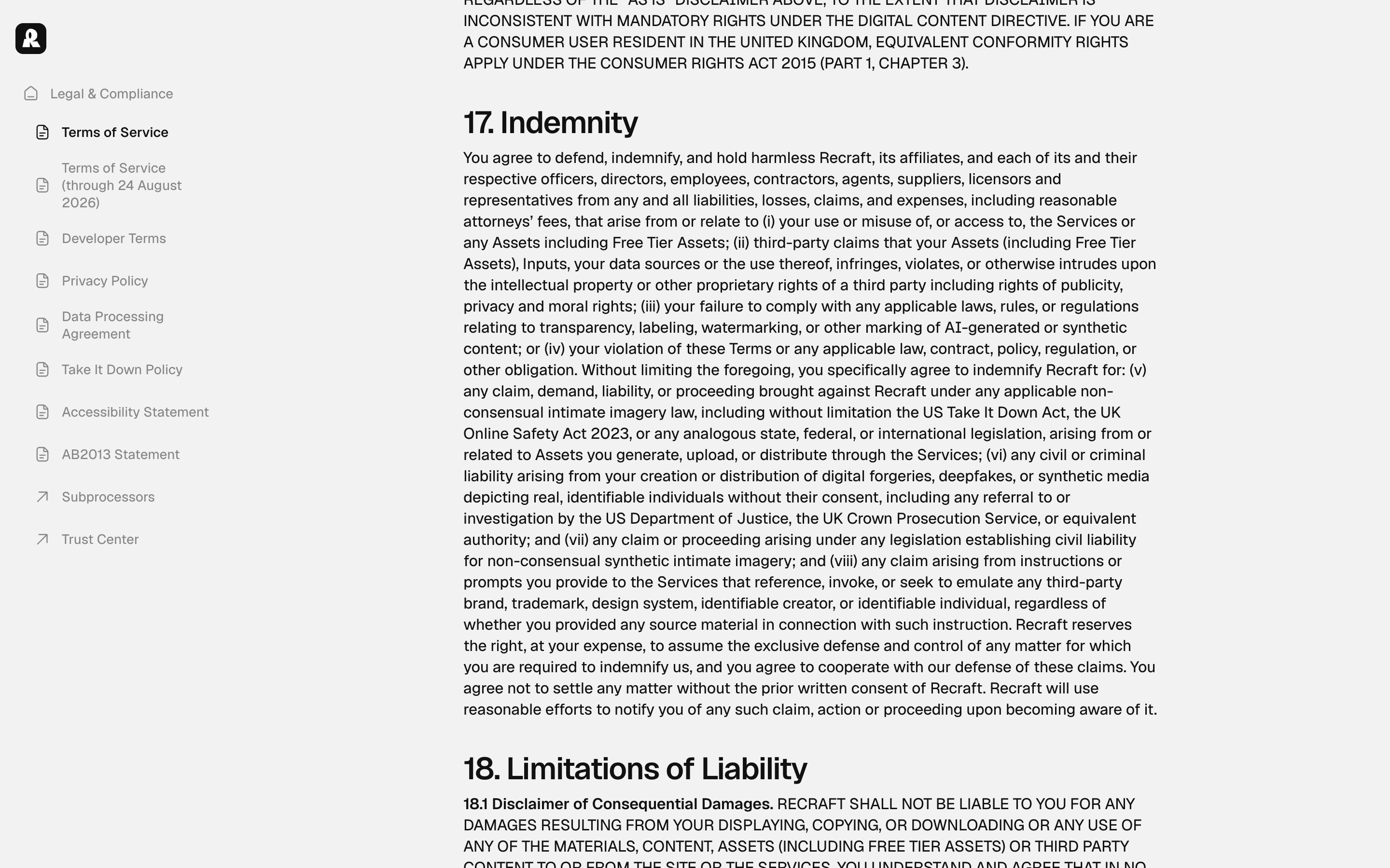 Recraft's terms of service, section 17 Indemnity, showing the full list of claims the user agrees to cover