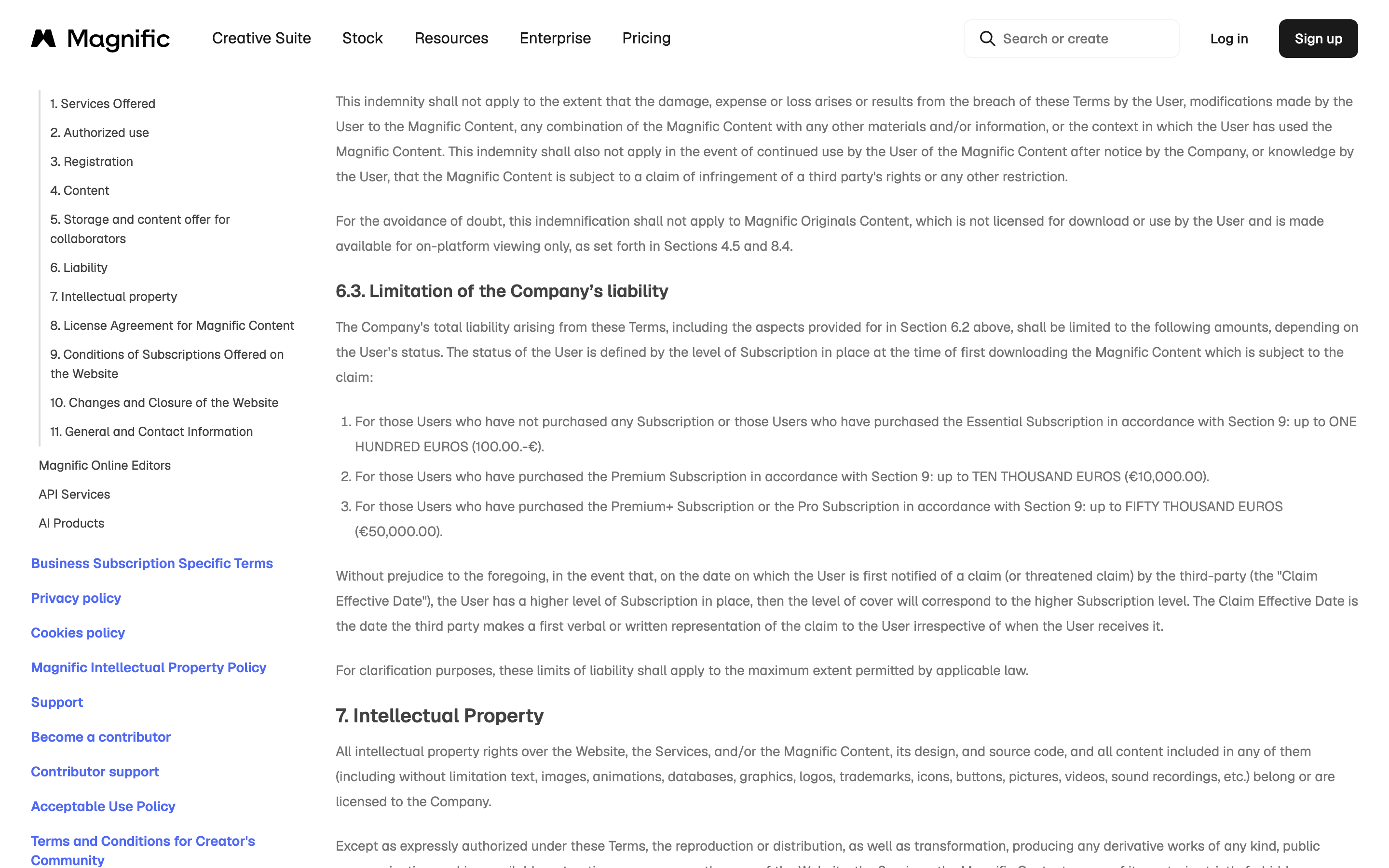 Magnific's terms of use, section 6.3, listing three liability tiers of 100 euros, 10,000 euros and 50,000 euros according to the user's subscription level