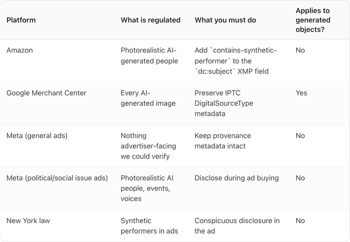 Table. Columns: Platform, What is regulated, What you must do, Applies to generated objects?. Platform: Amazon; What is regulated: Photorealistic AI-generated people; What you must do: Add `contains-synthetic-performer` to the `dc:subject` XMP field; Applies to generated objects?: No. Platform: Google Merchant Center; What is regulated: Every AI-generated image; What you must do: Preserve IPTC DigitalSourceType metadata; Applies to generated objects?: Yes. Platform: Meta (general ads); What is regulated: Nothing advertiser-facing we could verify; What you must do: Keep provenance metadata intact; Applies to generated objects?: No. Platform: Meta (political/social issue ads); What is regulated: Photorealistic AI people, events, voices; What you must do: Disclose during ad buying; Applies to generated objects?: No. Platform: New York law; What is regulated: Synthetic performers in ads; What you must do: Conspicuous disclosure in the ad; Applies to generated objects?: No