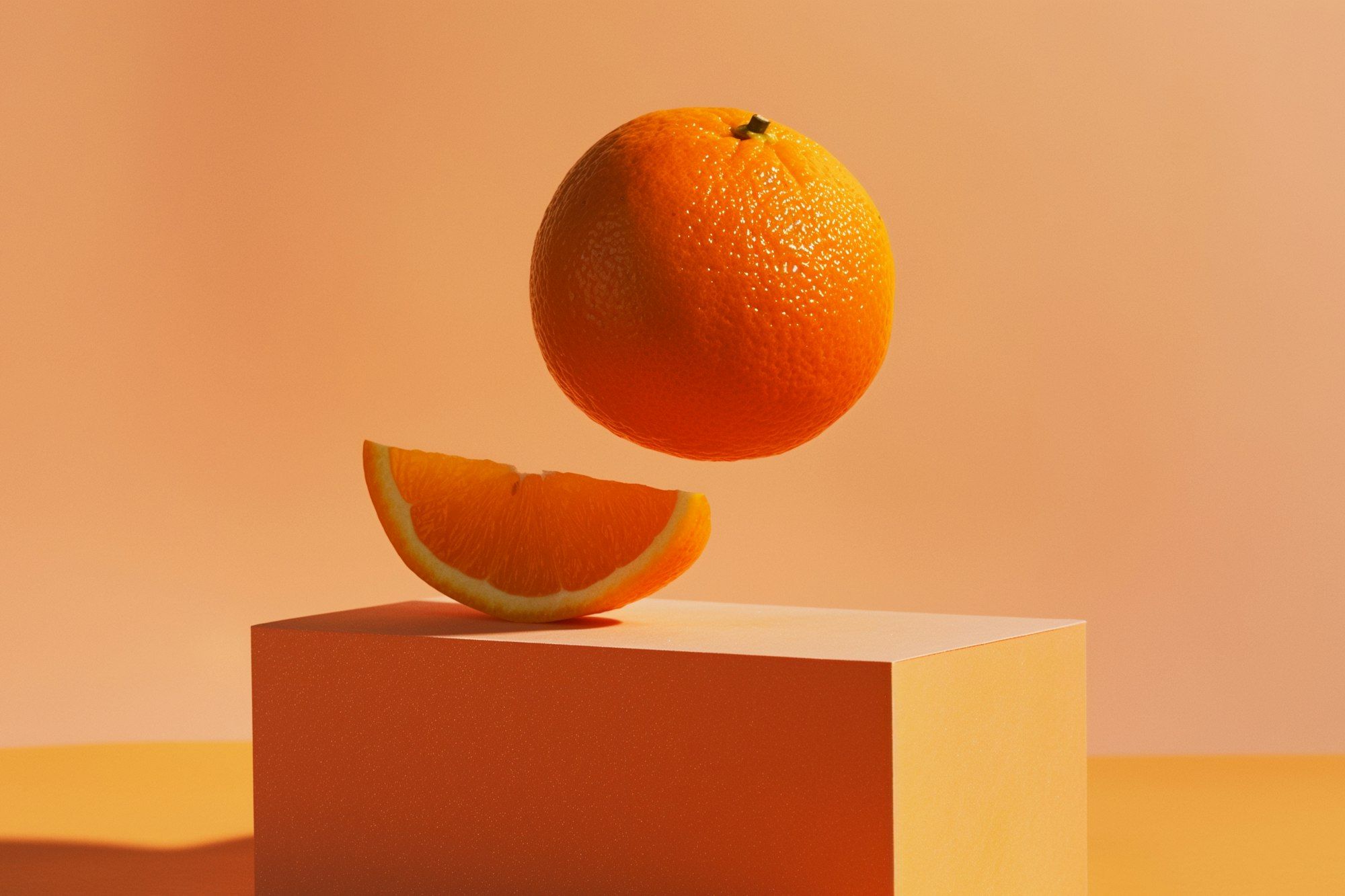 A whole orange suspended in mid-air above an orange slice resting on a pale plinth, with a hard cast shadow falling across the surface behind it