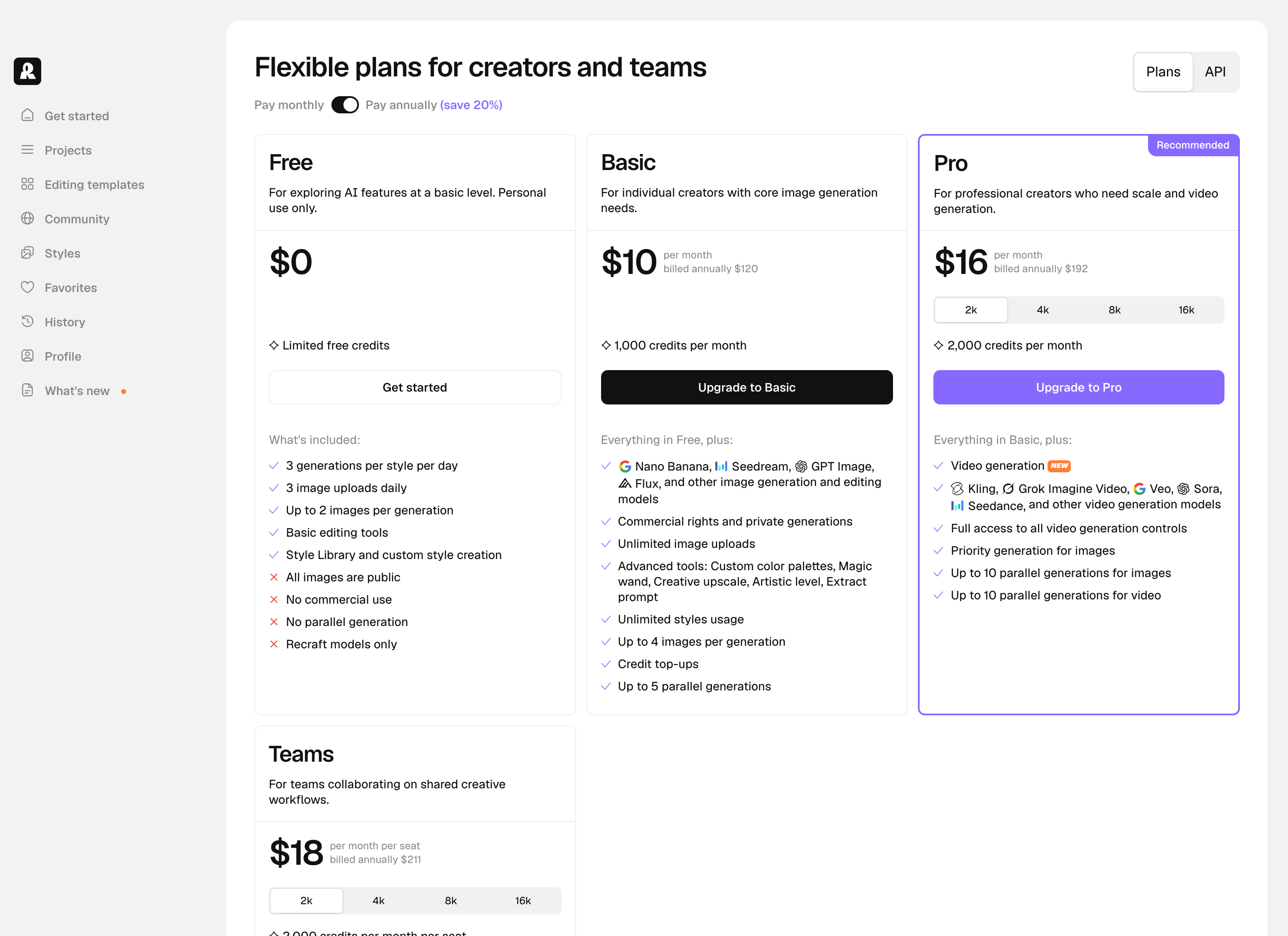 Recraft's pricing page with the billing toggle set to annual, showing Free, Basic, Pro and Teams plans