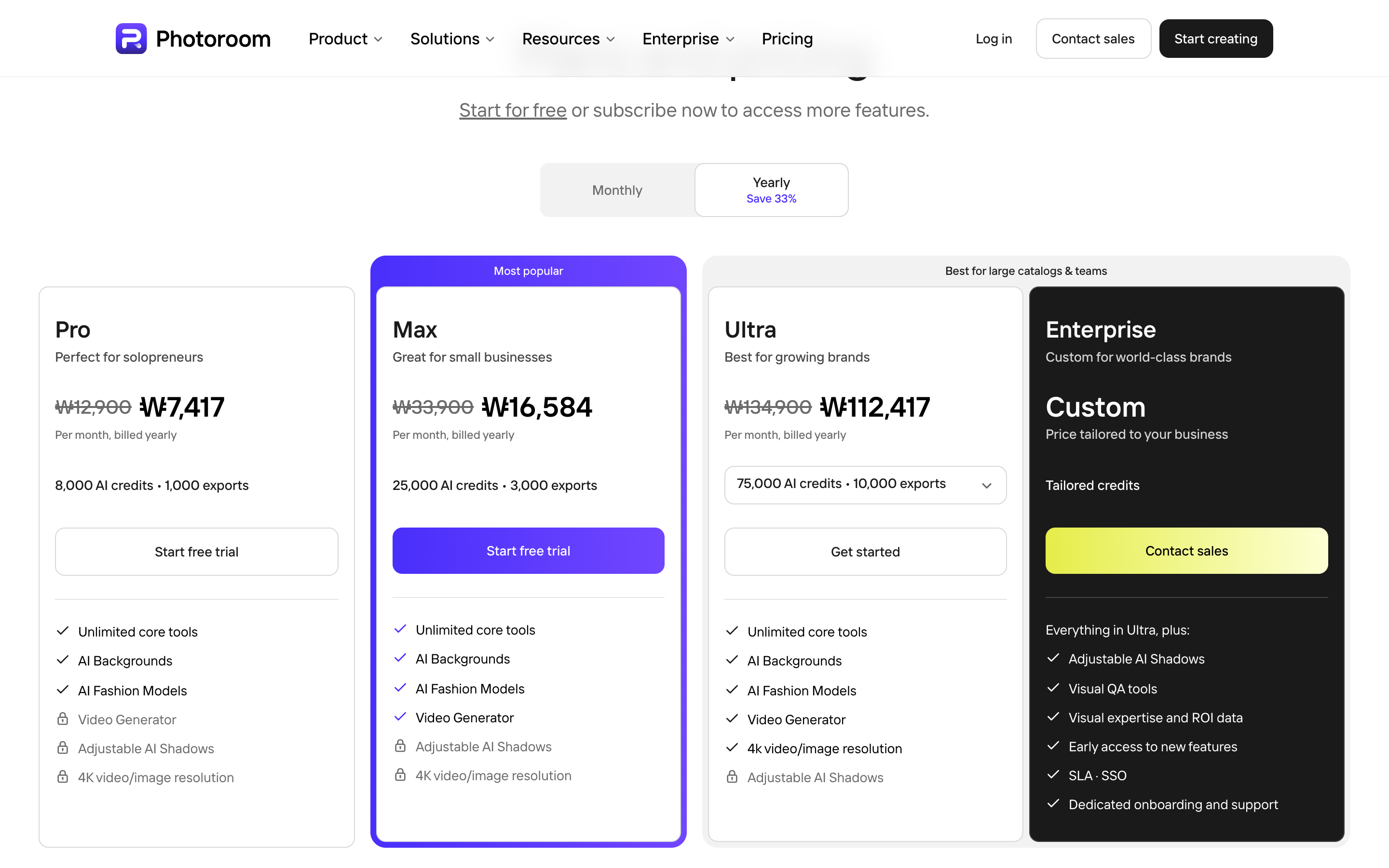 Photoroom's pricing page with the Yearly tab selected and every plan labelled per month, billed yearly