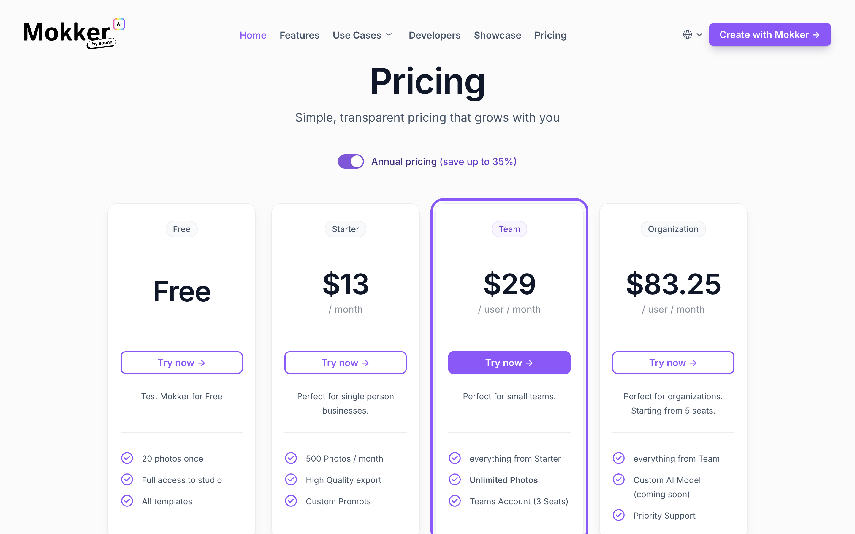 Mokker's pricing page as it loads, with annual billing preselected and the four plan cards showing Free, $13, $29 and $83.25