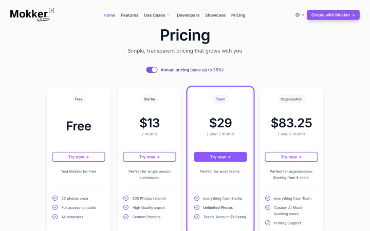 Mokker's pricing page as it loads, with annual billing preselected and the four plan cards showing Free, $13, $29 and $83.25