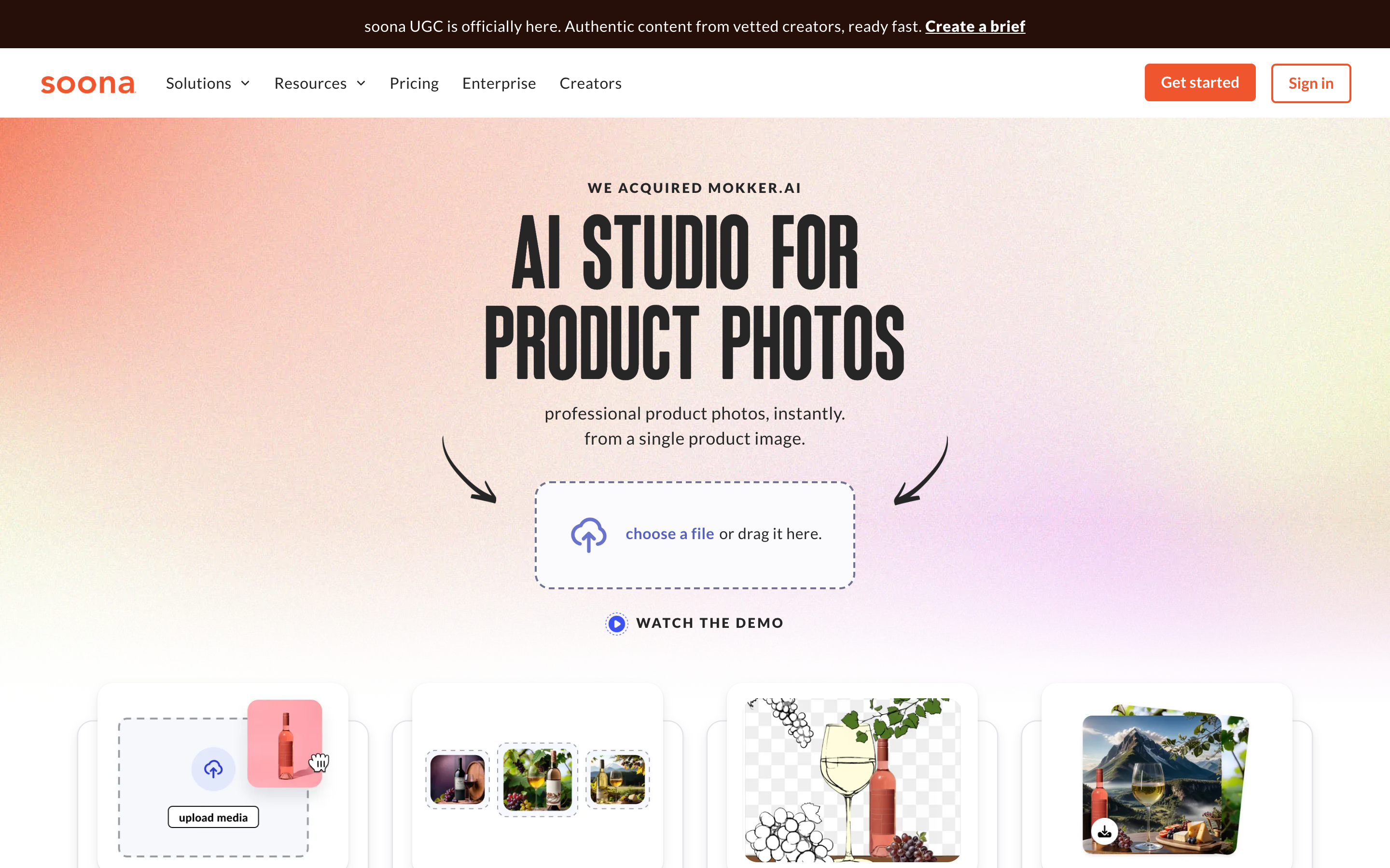 soona's web page announcing its acquisition of Mokker.ai, headed WE ACQUIRED MOKKER.AI above the words AI studio for product photos
