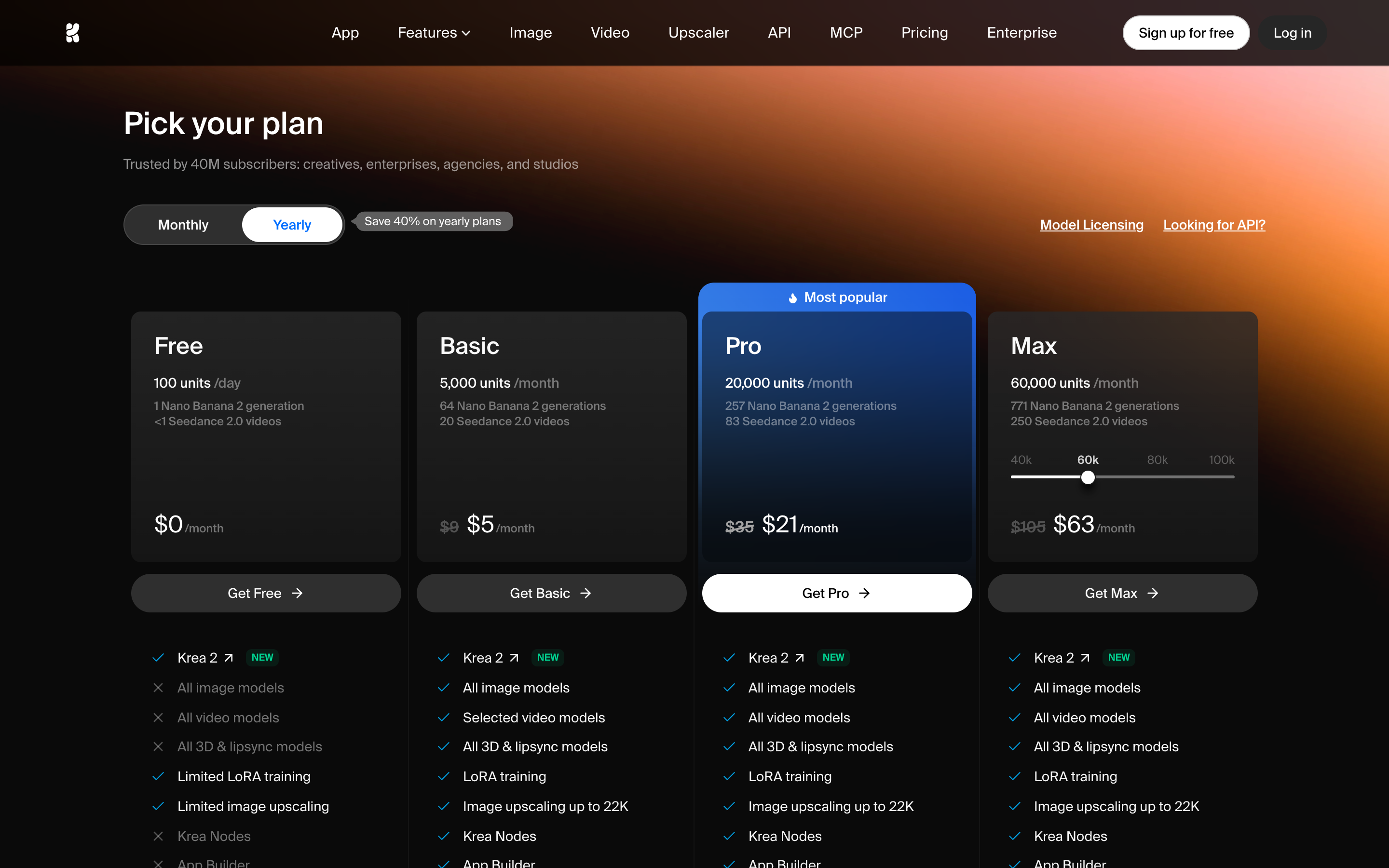 Krea's pricing page showing the Monthly/Yearly toggle set to Yearly by default, with Free, Basic, Pro and Max plans and struck-through monthly prices