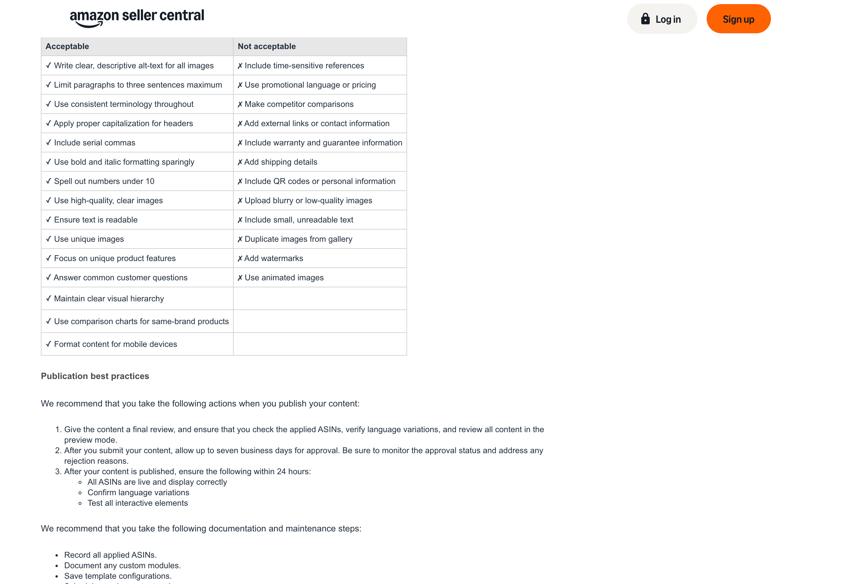 Amazon's acceptable and not acceptable guidelines table for A+ Content, listing banned elements including pricing, competitor comparisons and watermarks