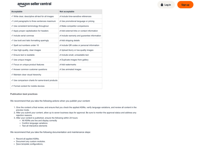 Amazon's acceptable and not acceptable guidelines table for A+ Content, listing banned elements including pricing, competitor comparisons and watermarks