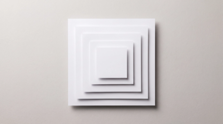 Five plain white paper squares of decreasing size stacked concentrically on a light grey surface