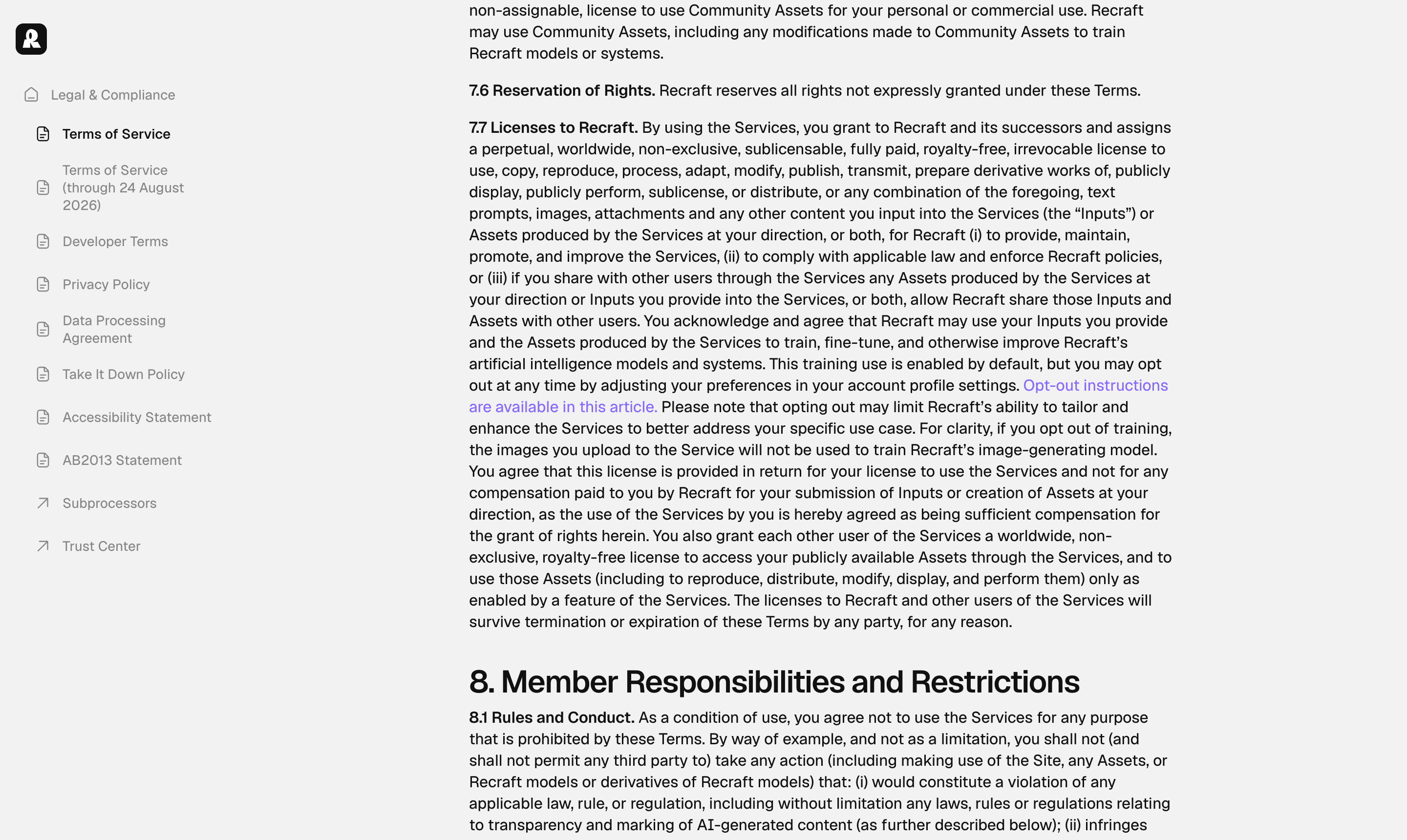 Recraft's Terms of Service section 7.7, showing that training use is enabled by default with an opt-out in account profile settings.