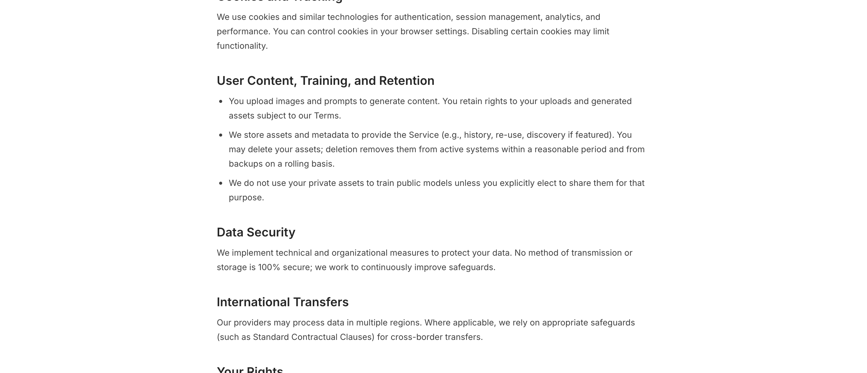 The Pikes privacy policy section on user content, training and retention.