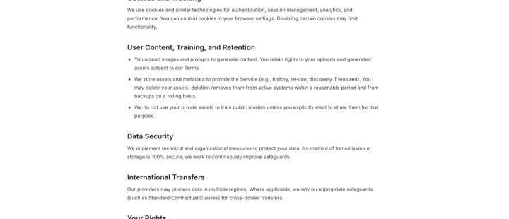 The Pikes privacy policy section on user content, training and retention.