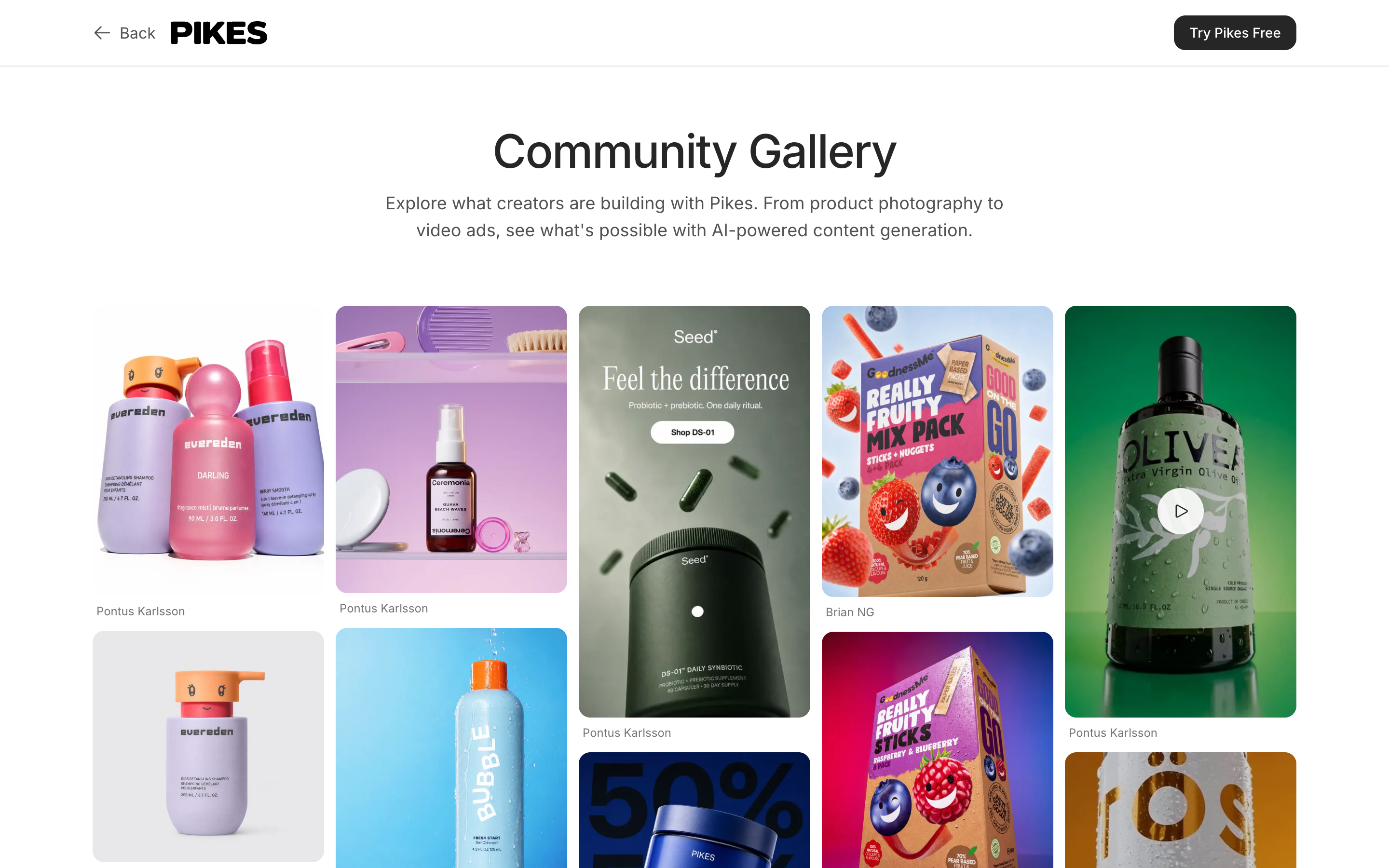 The Pikes AI community gallery showing generated product images and video for consumer brands