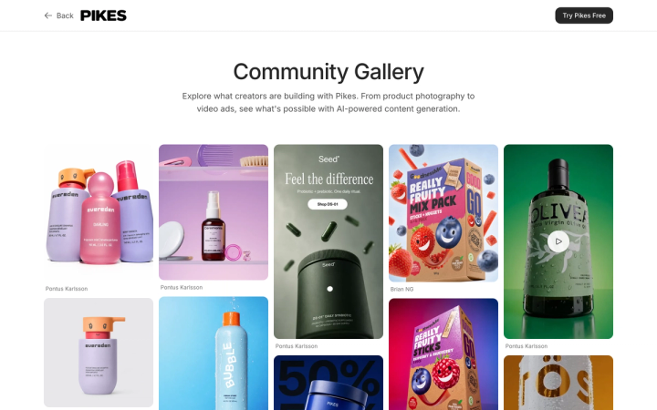 The Pikes AI community gallery showing generated product images and video for consumer brands