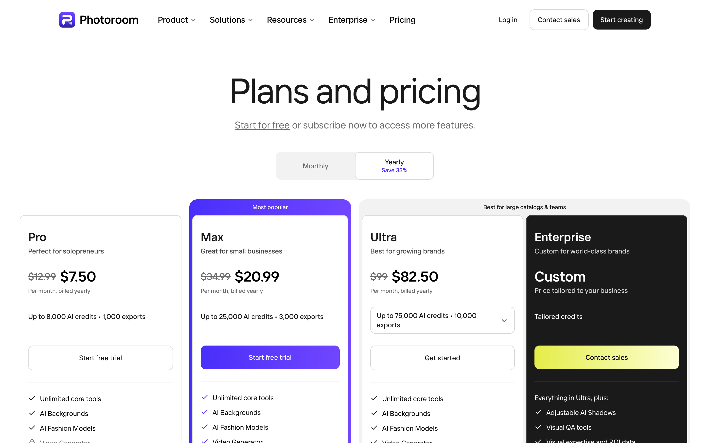 Photoroom's plans and pricing page showing Pro, Max, Ultra and Enterprise cards with the Yearly toggle selected