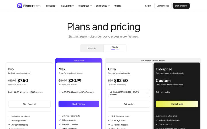 Photoroom's pricing page showing Pro, Max, Ultra and Enterprise plan cards with the Yearly billing toggle selected