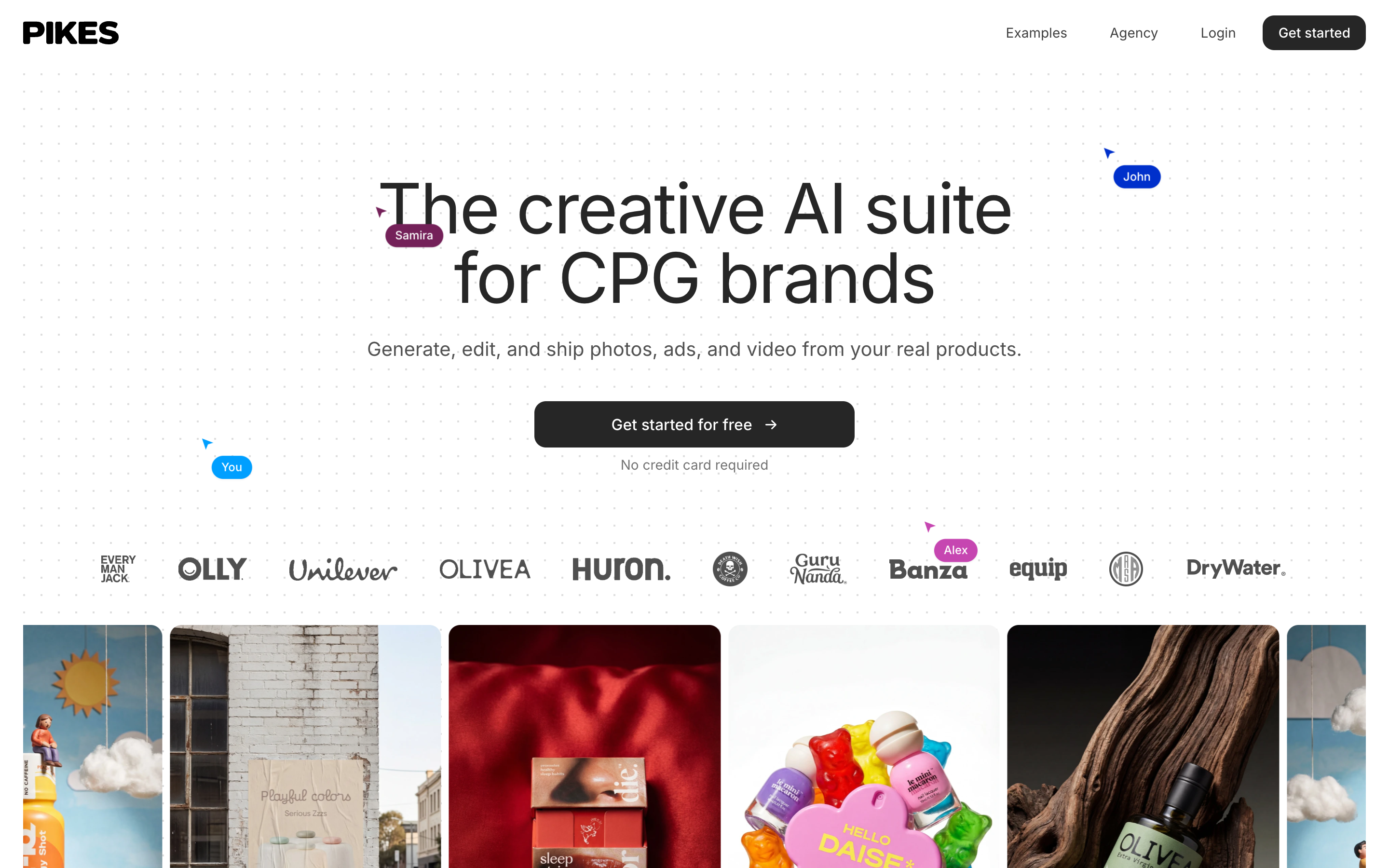 The Pikes AI homepage, showing the headline "The creative AI suite for CPG brands" and a row of consumer brand logos