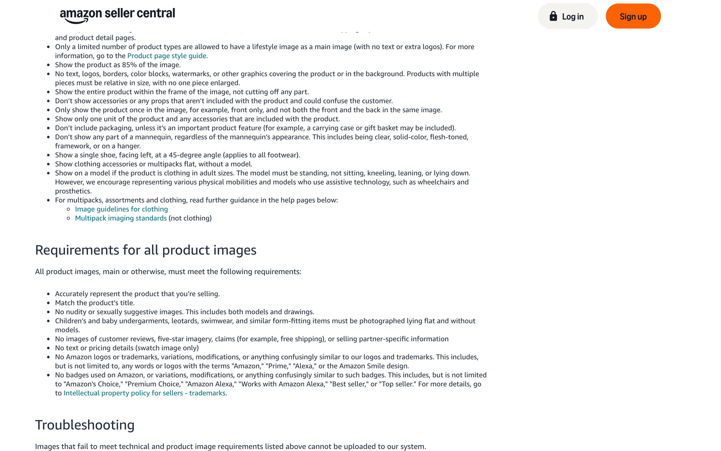 Amazon Seller Central's product image guide showing the main image requirements