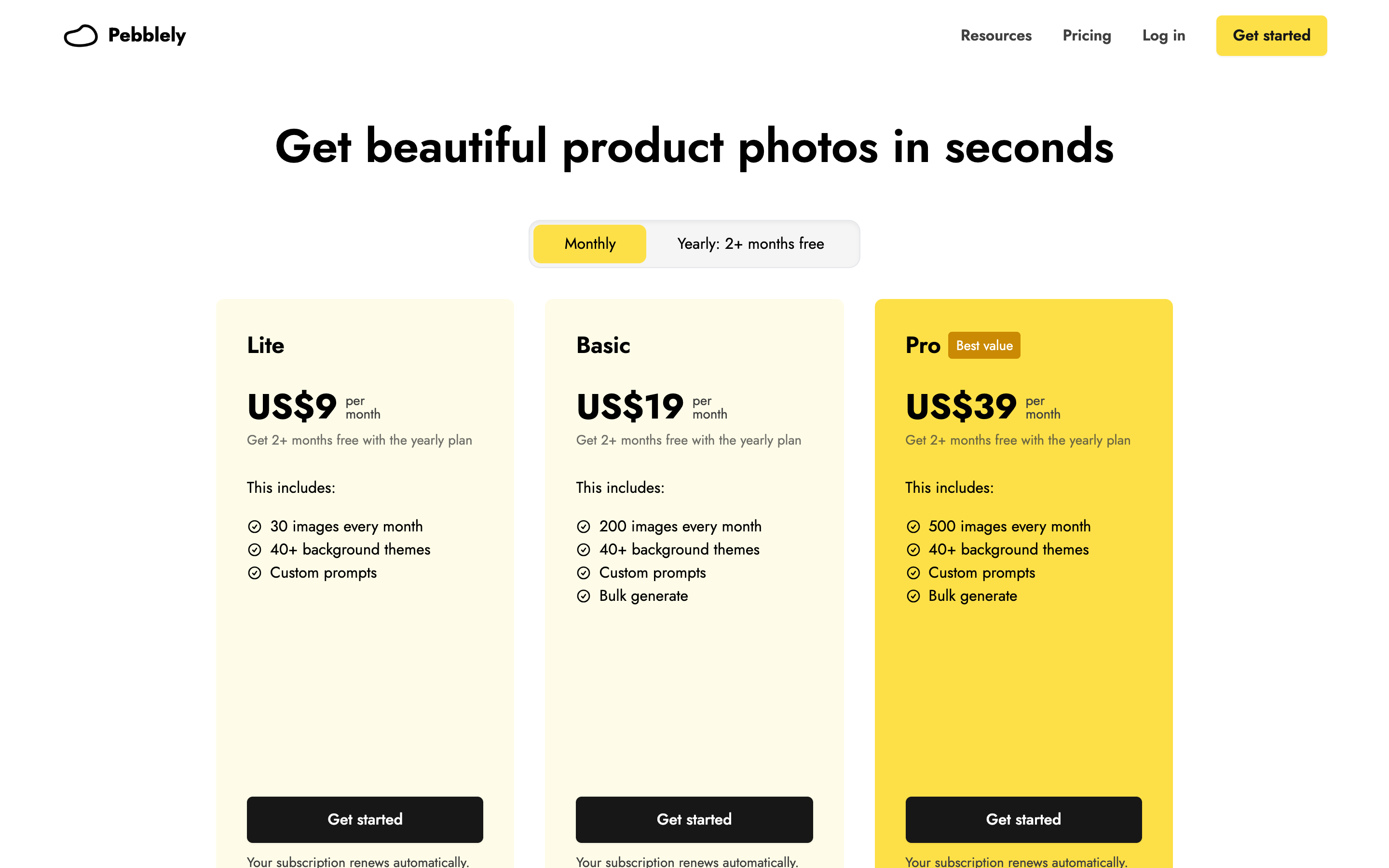 Pebblely pricing page showing the Lite, Basic and Pro plans with the Monthly billing option selected