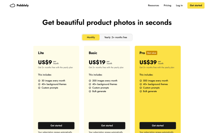 Pebblely pricing page showing the Lite, Basic and Pro plans with the Monthly billing option selected