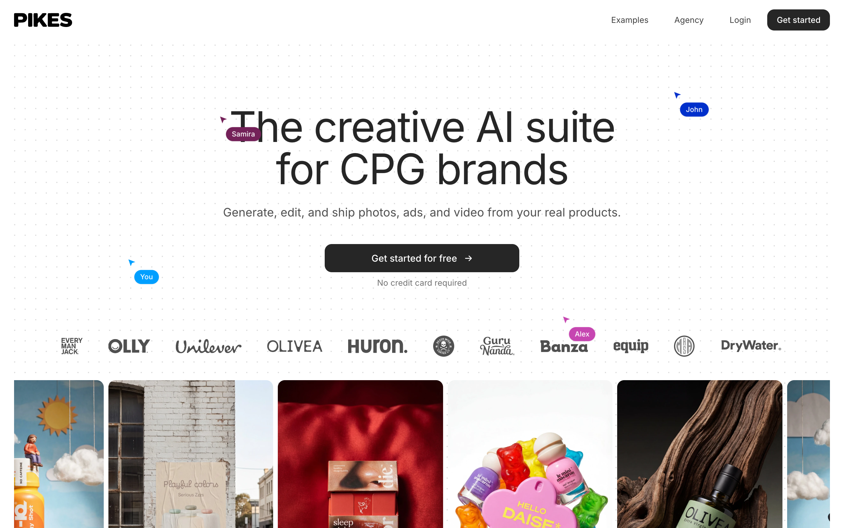 The Pikes AI homepage, showing generated product imagery for consumer brands