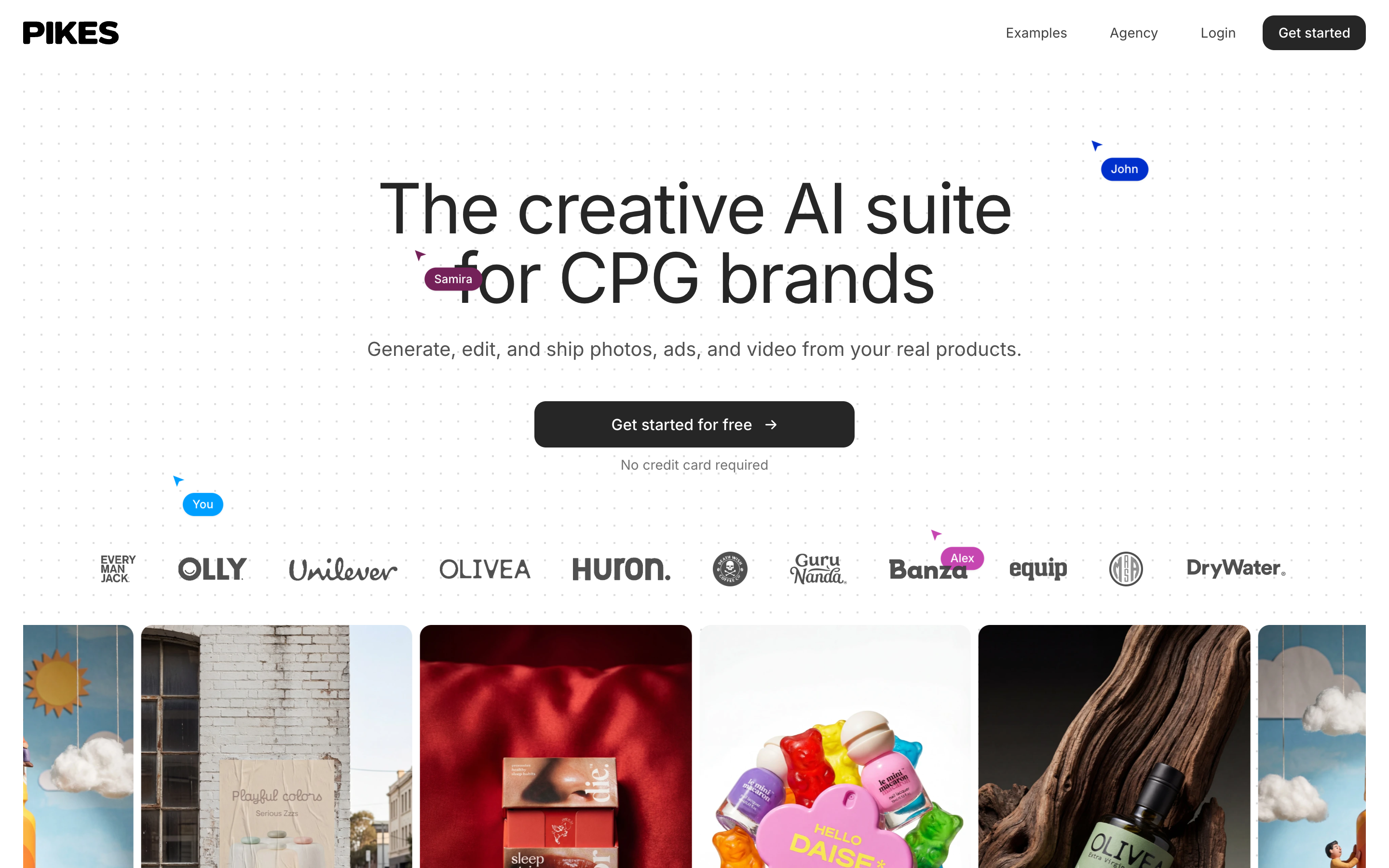 The Pikes AI homepage, showing generated product and lifestyle imagery for consumer brands
