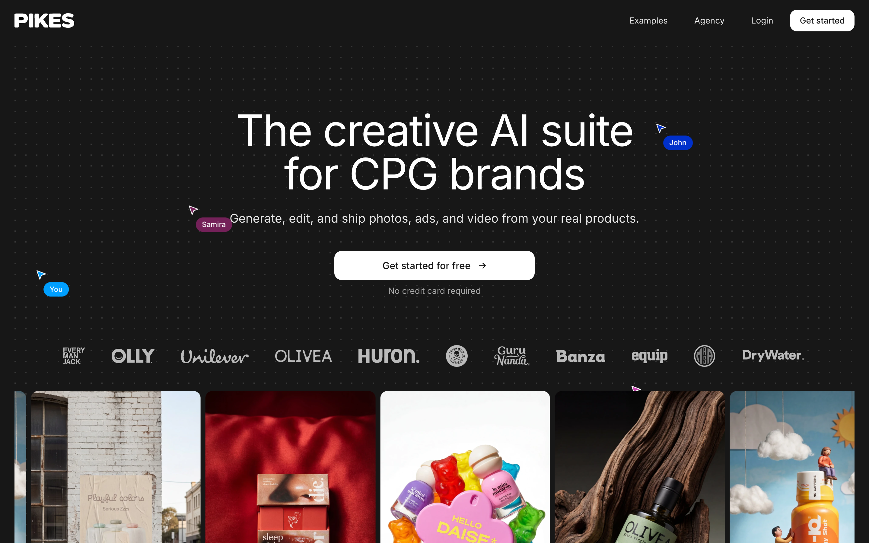The Pikes AI homepage, showing an AI creative suite built for consumer packaged goods brands