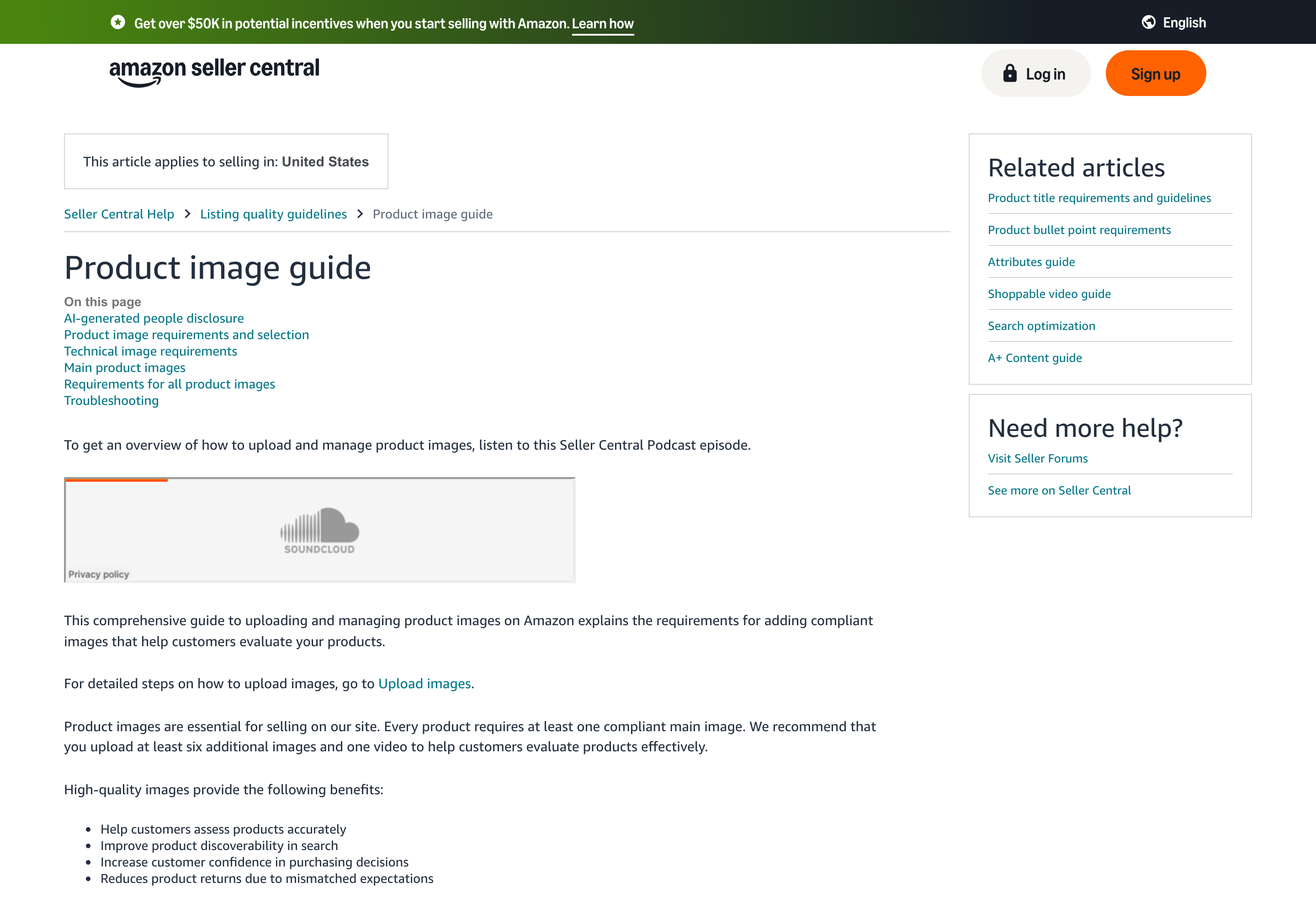 Amazon Seller Central's product image guide showing the main image requirements