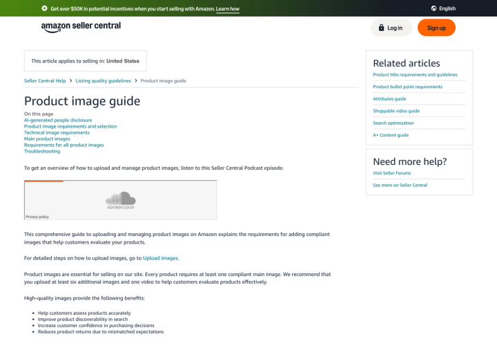 Amazon Seller Central's product image guide showing the main image requirements