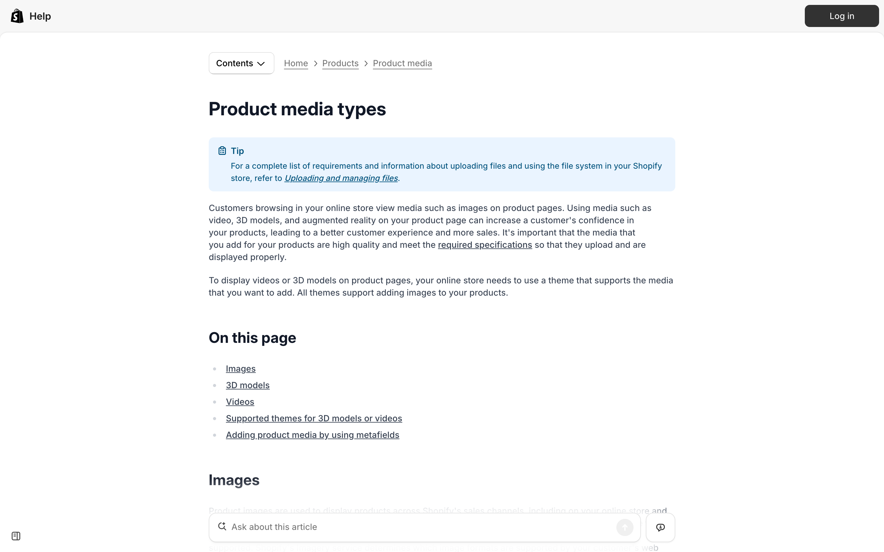 Shopify's Help Center page listing supported product media types and their file limits