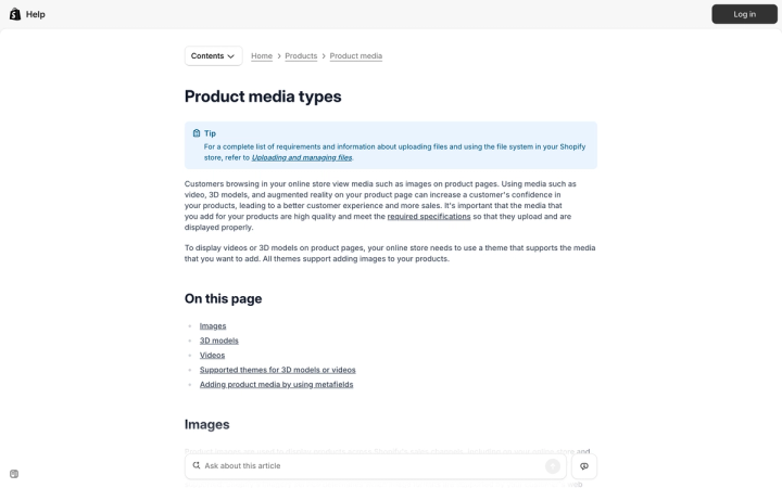 Shopify's Help Center page listing supported product media types and their file limits