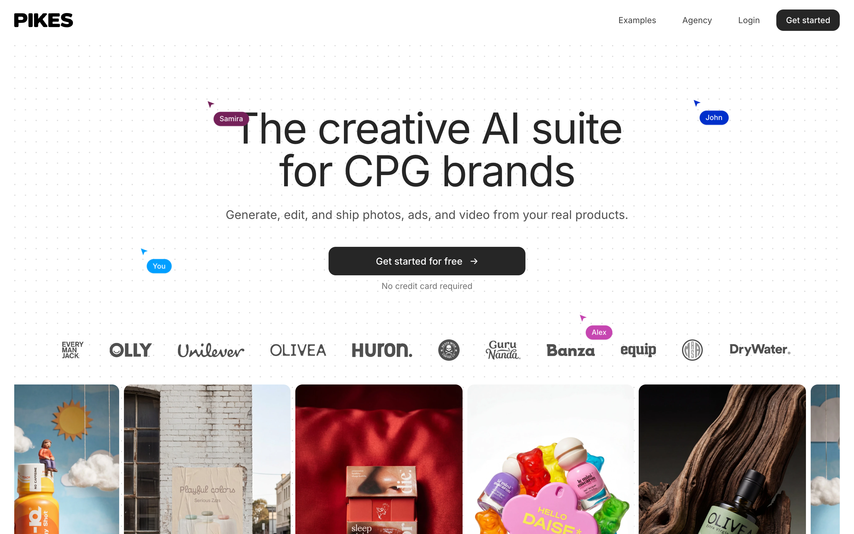 The Pikes AI homepage, headed "The creative AI suite for CPG brands", showing generated product imagery from consumer brands